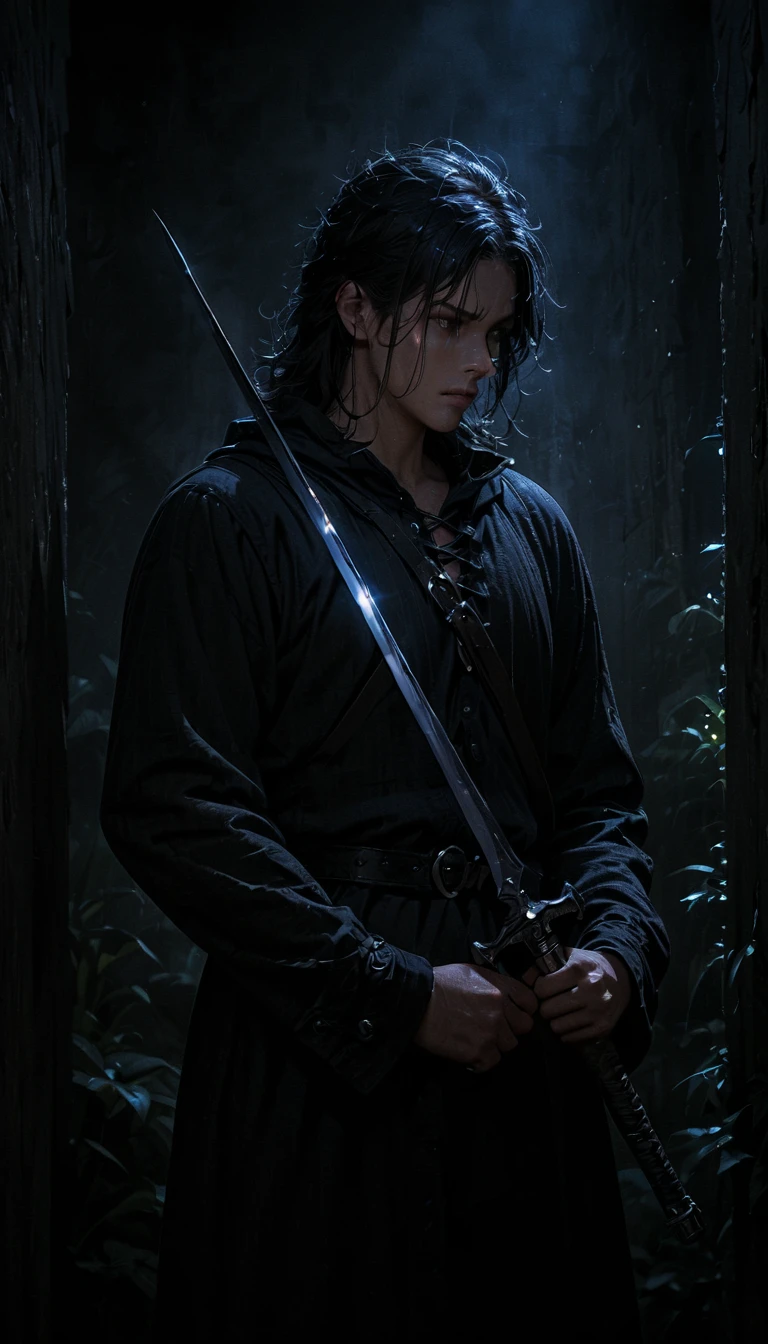 (best quality,4k,8k,highres,masterpiece:1.2), ultra-detailed, (realistic), medieval swordsman, dark aura, proud pose with sword in front, shining sword, intense gaze, fierce expression, mysterious background, moody lighting, dramatic composition, gritty texture, vibrant colors, heroic atmosphere