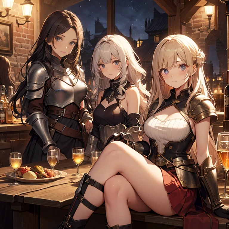 A group of female medieval fantasy adventurers, (in tavern), various hair styles, harem, night, details face, short skirt, seducing, sleeveless, armor