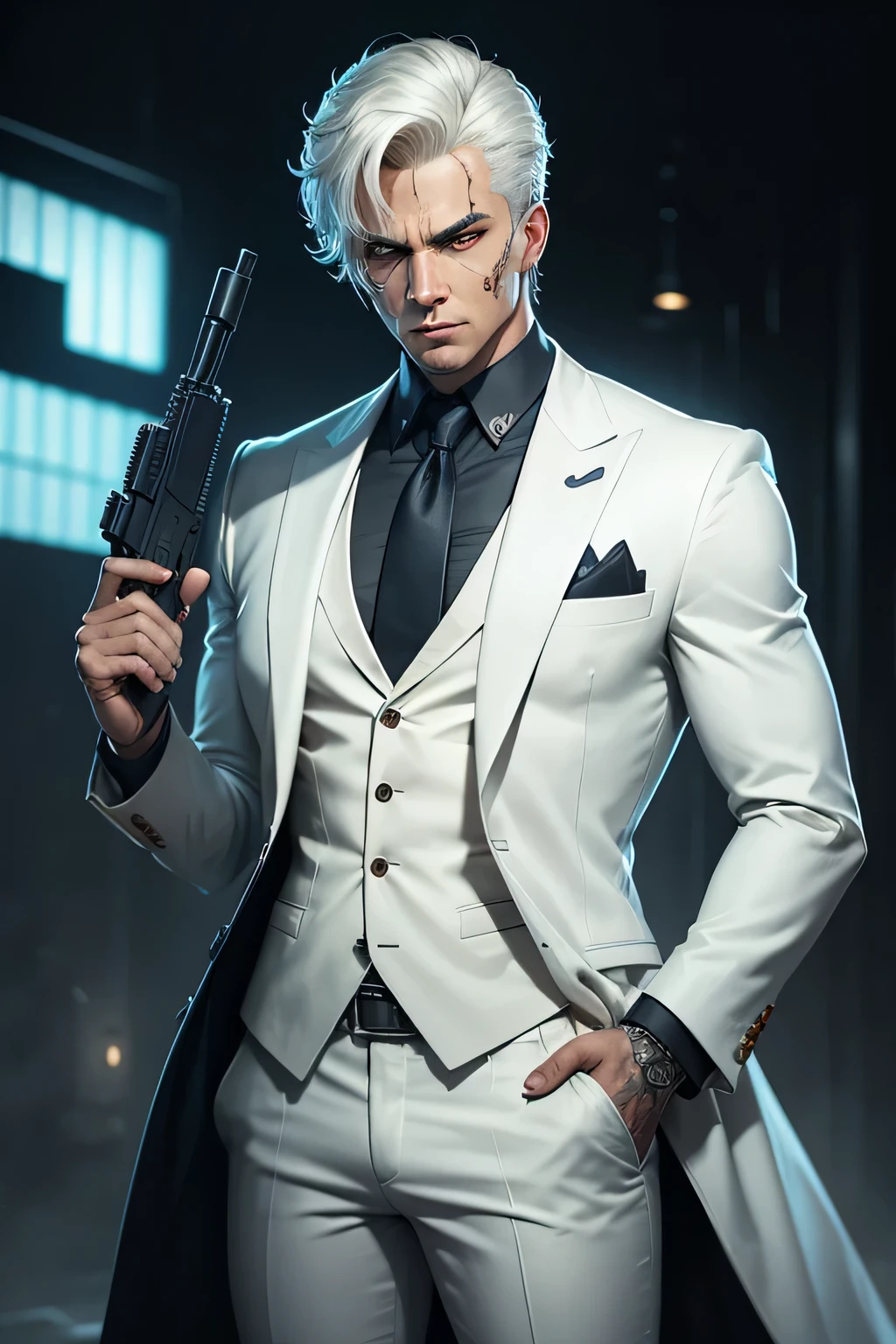 thriller, stormy, White suit and scars on his face、A mysterious agent that can disappear from the minimap for a few seconds, Mansions with free fire traps and enemies, 16 K, Dark pistol in hand holding gun 