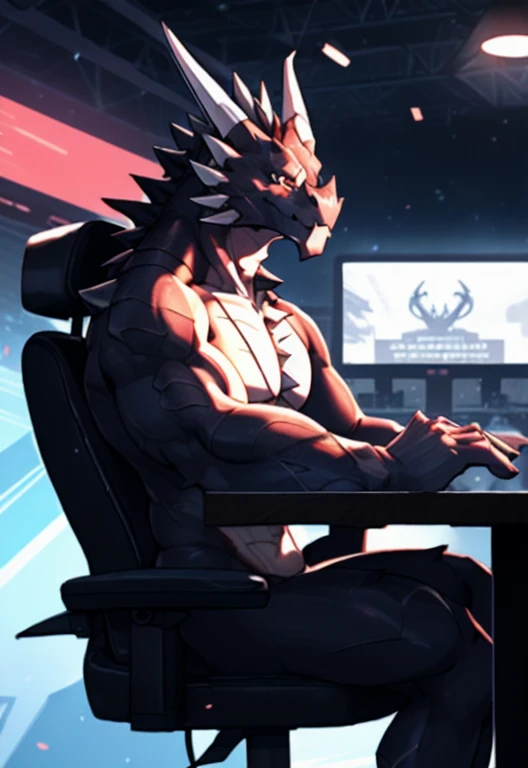 dragon,拟人化的雄性dragon, 突出dragon角,Highlight his muscular body and sharp claws, Showing the outline of the chest, abdomen, Stretch and Elegance, Delicate lace pattern glitters in the light. Keep your eyes on the screen，Play games with headphones，sit at the table，The background is the scene of the e-sports competition。dragon&#39;Tail, Long-lasting and powerful, 他sit at the table，Playing games with headphones on，Keep your eyes on the screen，Emphasizes his charming masculinity. dragon&#39;Keep your eyes on the screen，Play games with headphones，sit at the table，The background is the scene of the e-sports competition。