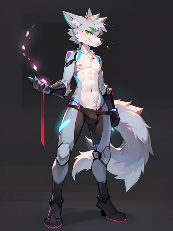 solo,Male, robot Gray wolf, detailed green eyes, long tail, big nipples, slim, sly, simple background, smirk, bulge, tail wrapping around body,((standings plit,standing on one leg Stance)),((a robot wolf showing his sexy beautiful legs and feet)),(split)