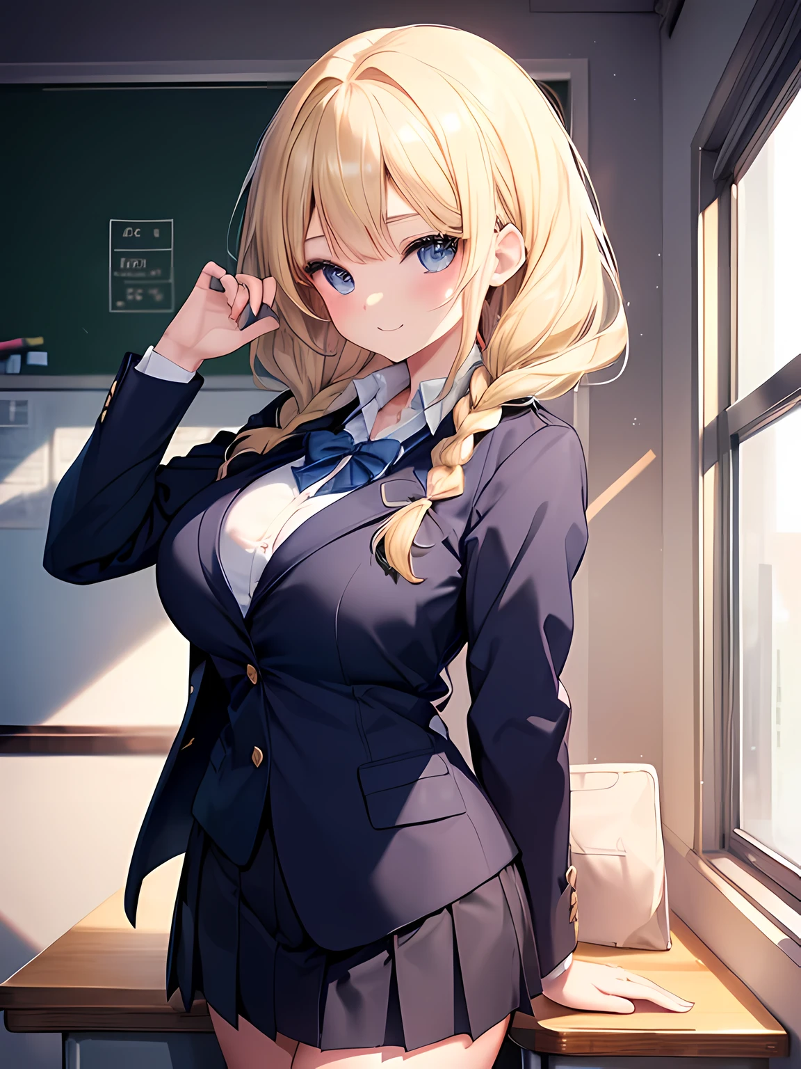 Masterpiece,Best Quality,(Super Detail),perfect writing, Highly detailed CG,Super detailed,(Highly detailed eyes,Very cute face,Highly detailed face:1.3),Beautiful Anime Girl,(Solo Girl),(Super huge boobs:1.2),(Sensual,Glamorous:1.4),(Blonde,Medium Hair,Twin braids,Let your hair hang forward:1.2),(Big light blue eyes),(Very happy smile,Open your mouth wide),break,(Navy Blue Blazer,Open outerwear:1.3),Collared shirt,White shirt,Pleated skirt,School classroom,Cowboy Shot,Place your hands on your chest,