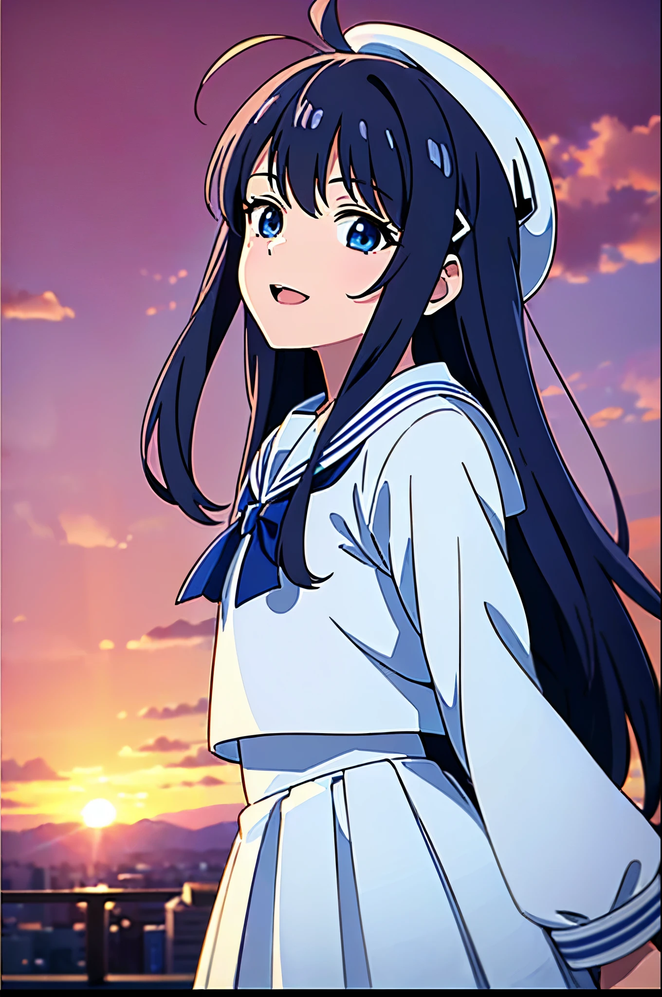 (((masterpiece))) (((highest quality))), (((beautiful))), (((8k))), (((High resolution))), (((Transcendent Technique Illustration))), (1 girl:1.3), (child:1.5), (Lori:1.2), (Dark blue straight long hair:1.3), (very long, Dark blue sideburns), (Very wide parted dark blue bangs:1.3), (Simple hair clip:1.4), (Ahoge:1.4), (small blue eyes:1.2), (Slightly droopy eyes:1.3), (Super thick sideburns and super long sideburns:1.1), (Ultra-flat chest:1.4), (Very small breasts:1.4), (laughing:1.3), (White sailor suit with long sleeves:1.3), (White pleated skirt:1.3), White hat with blue ribbon, (Overlooking from the top of the hill:1.4), (Sunset:1.4), (distant cityscape:1.4), (Cowboy Shot:1.4), (low angle shot:1.4)