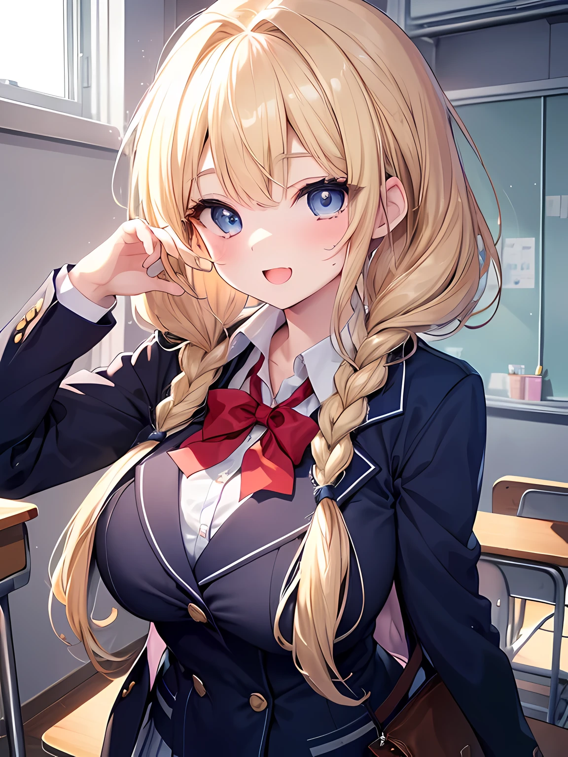 Masterpiece,Best Quality,(Super Detail),perfect writing, Highly detailed CG,Super detailed,(Highly detailed eyes,Very cute face,Highly detailed face:1.3),Beautiful Anime Girl,(Solo Girl),(Super huge boobs:1.1),(Sensual,Glamorous:1.4),(Blonde,Medium Hair,Twin braids),(Big light blue eyes),(Very happy smile,Open your mouth wide),break,(Navy Blue Blazer,Open outerwear:1.3),Collared shirt,White shirt,Pleated skirt,School classroom,Cowboy Shot,Place your hands on your chest,