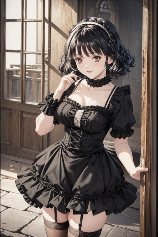 (8k、Photorealistic、Raw photo、highest quality: 1.3)、(real skin),Beautiful expression、High Detail、超A high resolution、(1lady very short perm hair:1.5,black hair,make up:1.2,wariza:1.5)、Super Beauty、(True Face)、Captivate your audience、Beautiful breasts、Lover's point of view、Beautiful smile、attractiveSurreal、hanikami,(gothic lolita,black,frilled long skirt,katyusha,glooves,garter belt),in Ancient Castle,in I's style
