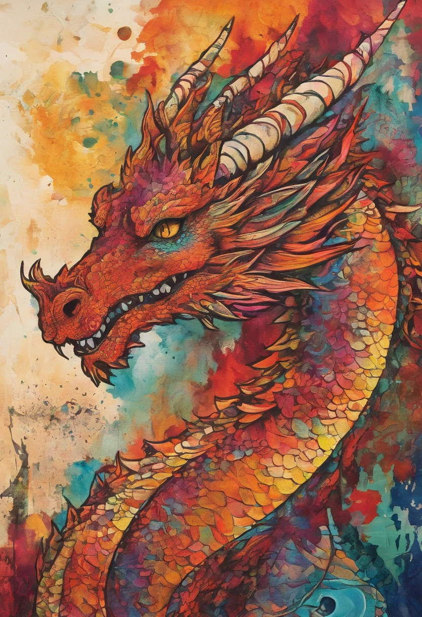 dragon cramoisi écarlate rougeoyant joyeux, posture dansante, regard enthousiaste joyeux, grand sourire, fond soleil rayonnant flammes ::2 colorful ink painting ::2 art fantasy