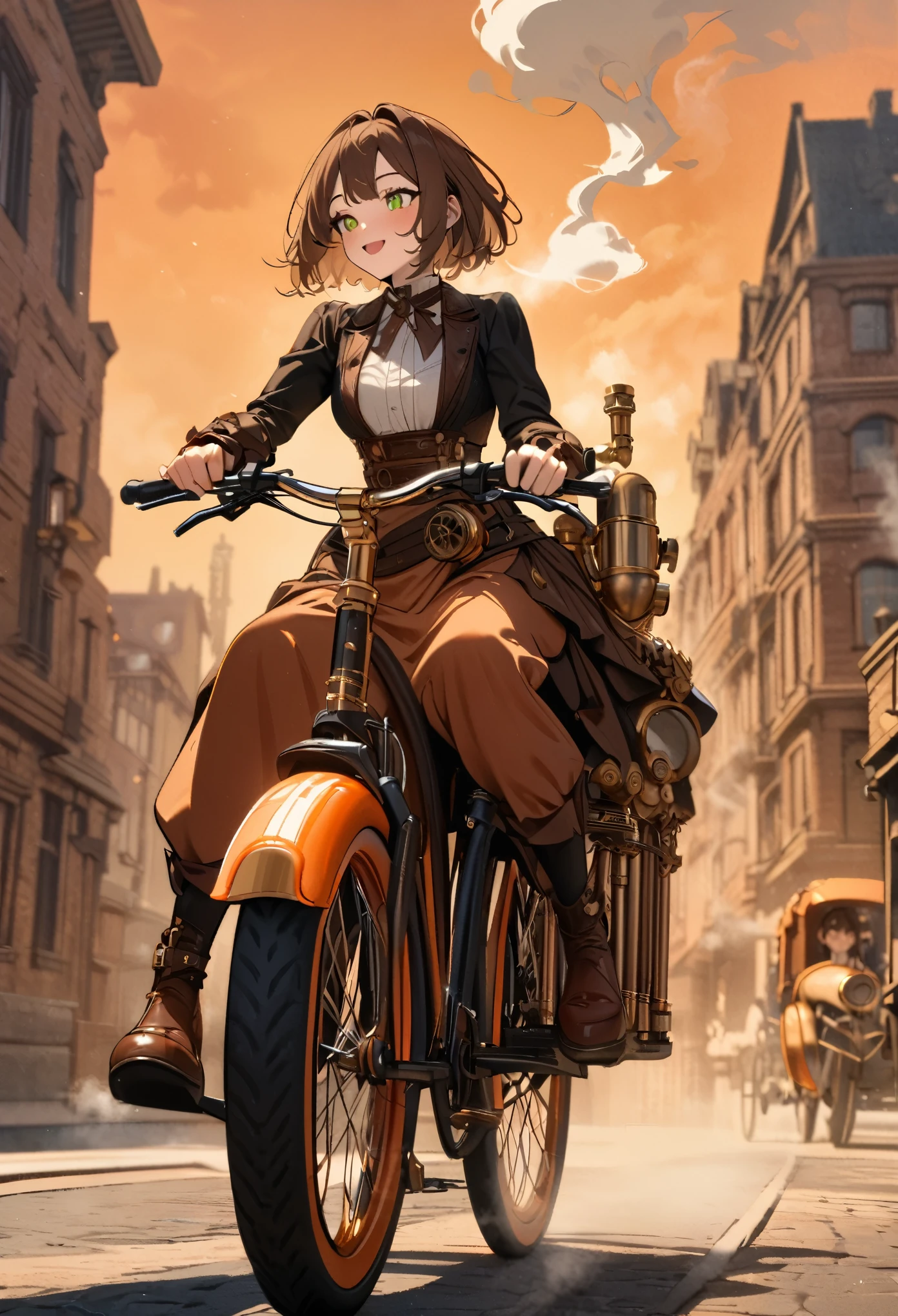 masterpiece, best quality, ultra detailed, intricate details, absurdres, newest, 1girl, brown hair, short hair, steampunk, yellowgreen eyes, smile,upper body, ride a crasical bike through the city, orange bike, (boiler on bicycle:1.2),( steam is blowing out, pipe:1.3), gear,the background is sunset sky and orange clouds, Victorian style streetscape