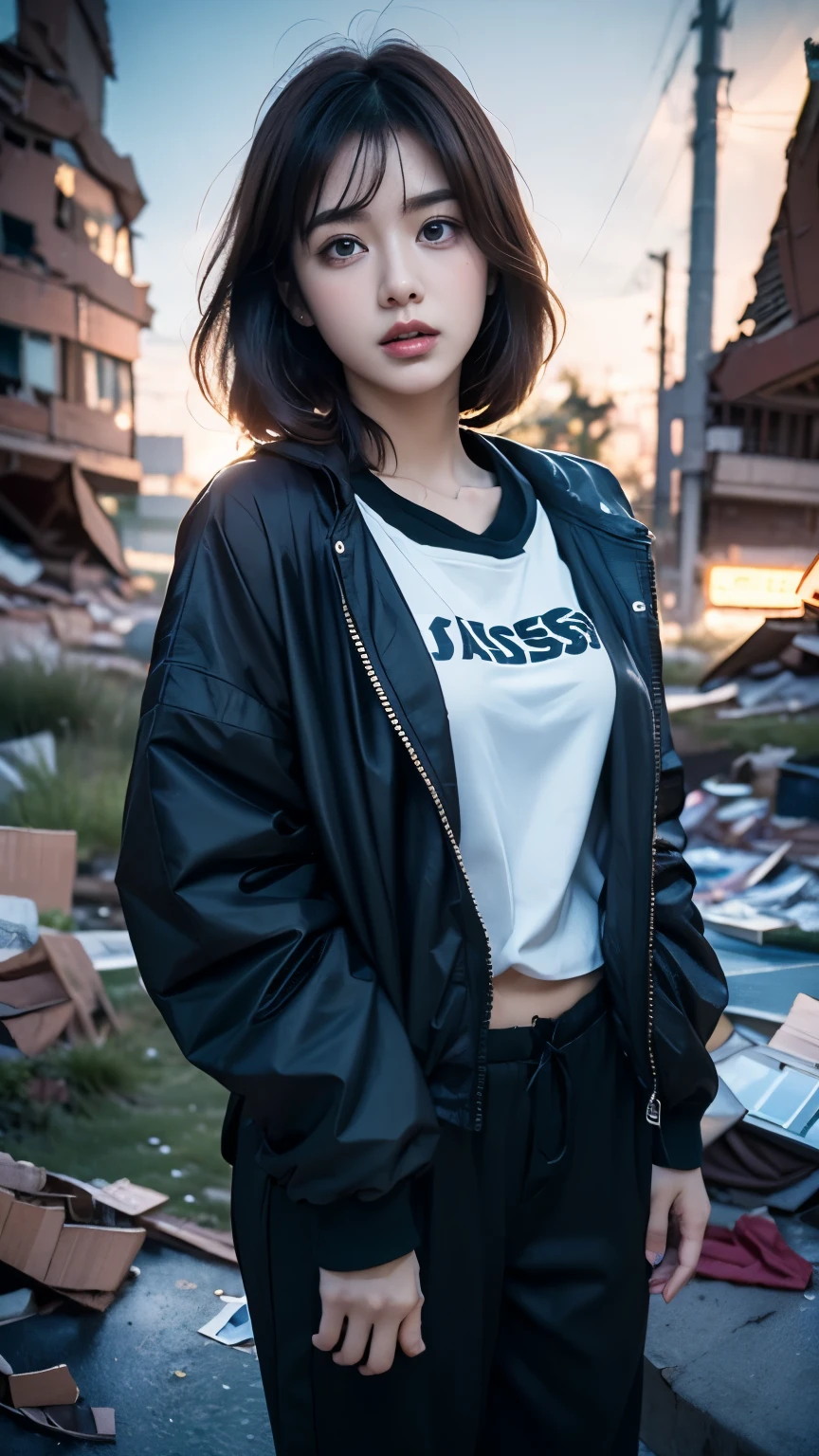 (Very fine eye), (((Fabric Shading))), (((highest quality))), (((masterpiece))) Bullish girl, (((Realistic))), Black Hair, Black Hair, Black Hair, Black Hair, chic hairstyle, ((Straight medium bob, nice hair)), Light makeup,Red eyes, I'm not wearing lipstick,(((Retro-futuristic outfits))), ((Retro pose)), (((Game CG)) (nice, Saucy, It Girl), Strong night atmosphere, Has a strong retro feel, Cowboy Shot, Mid Shot, Centered Images, Focus on the camera, Elegant colors,Realistic Skin,Realistic texture,8k,whole body,17 years old,Korean women,彼女のBlack Hair, Medium Bob Cut,(((In terrible ruins))),Red iris,Expressionless,(((He is wearing a big black down jacket. ))),Glaring,Perfect Face,(((Big eyes))),She is wearing wide black hip-hop style pants.,Mouth closed,Watching the audience,A woman stands in front of the ruins at night, Roseanne Park from Blackpink, Trending on cgstation, Trending on cgstation, Black Pink's Joshi, portrait of aespaのウィンター,She is wearing black streetwear, Woman in black streetwear, Photo of a woman in black tech clothing, Girl wearing black hoodie, Cyberpunk Streetwear, Portrait of Jossi in Blackpink, Cyberpunk Streetwear street fashion e-girl,Have a credit card