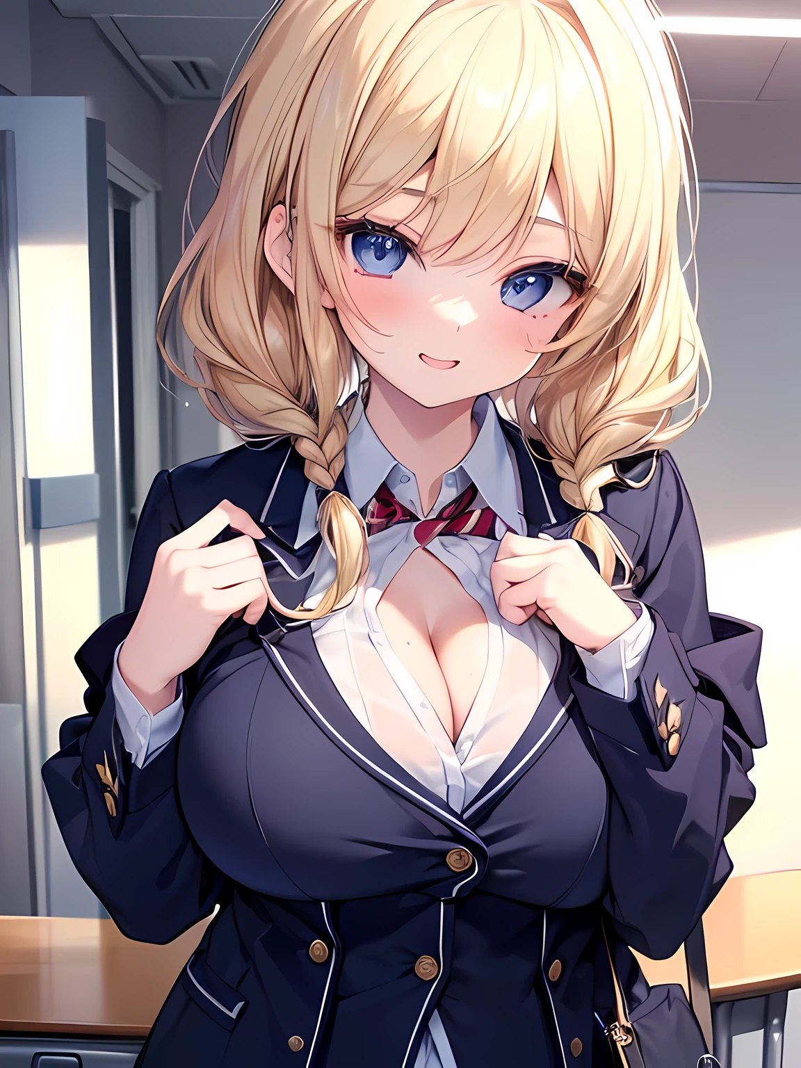 Masterpiece,Best Quality,(Super Detail),perfect writing, Highly detailed CG,Super detailed,(Highly detailed eyes,Very cute face,Highly detailed face:1.3),Beautiful Anime Girl,(Solo Girl),(Super huge boobs:1.1),(Sensual,Glamorous:1.4),(Blonde,Medium Hair,Twin braids),(Big light blue eyes),(Very happy smile,Open your mouth wide),break,(Navy Blue Blazer,Open outerwear:1.3),Collared shirt,White shirt,Pleated skirt,School classroom,Cowboy Shot,Place your hands on your chest,