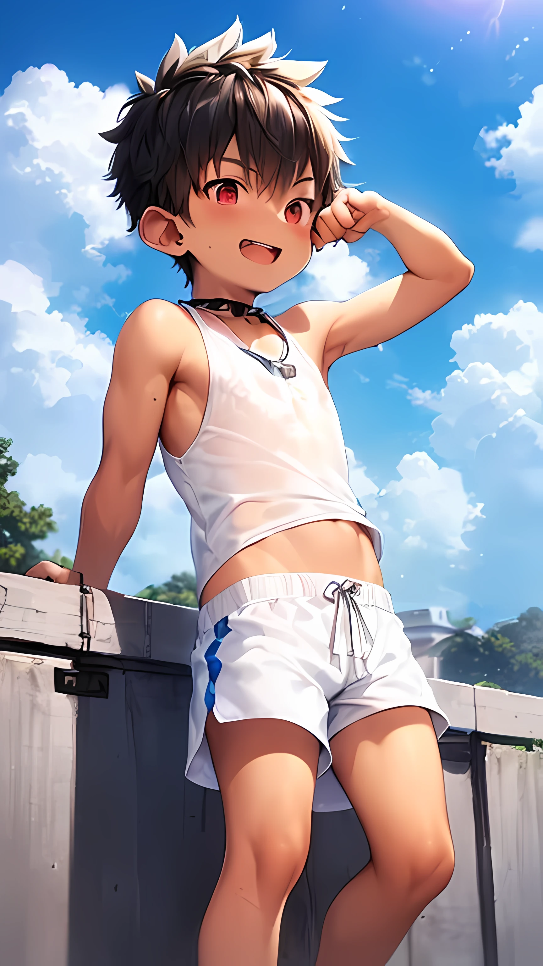 (shota:1.5), (baggy white tank top:1.5), ((blue short pants)), (pointing viewer), (((best quality))), (((masterpiece))), (ultra detailed), (skinny:1.5), (spiked hair), wind blowing, black hair, wine red eyes, ((raised arms)), ((smiling)), (open mouth), ((earings)), blue sky, grass, (choker on neck), full body shot, ((nipple)), (((armpits)))