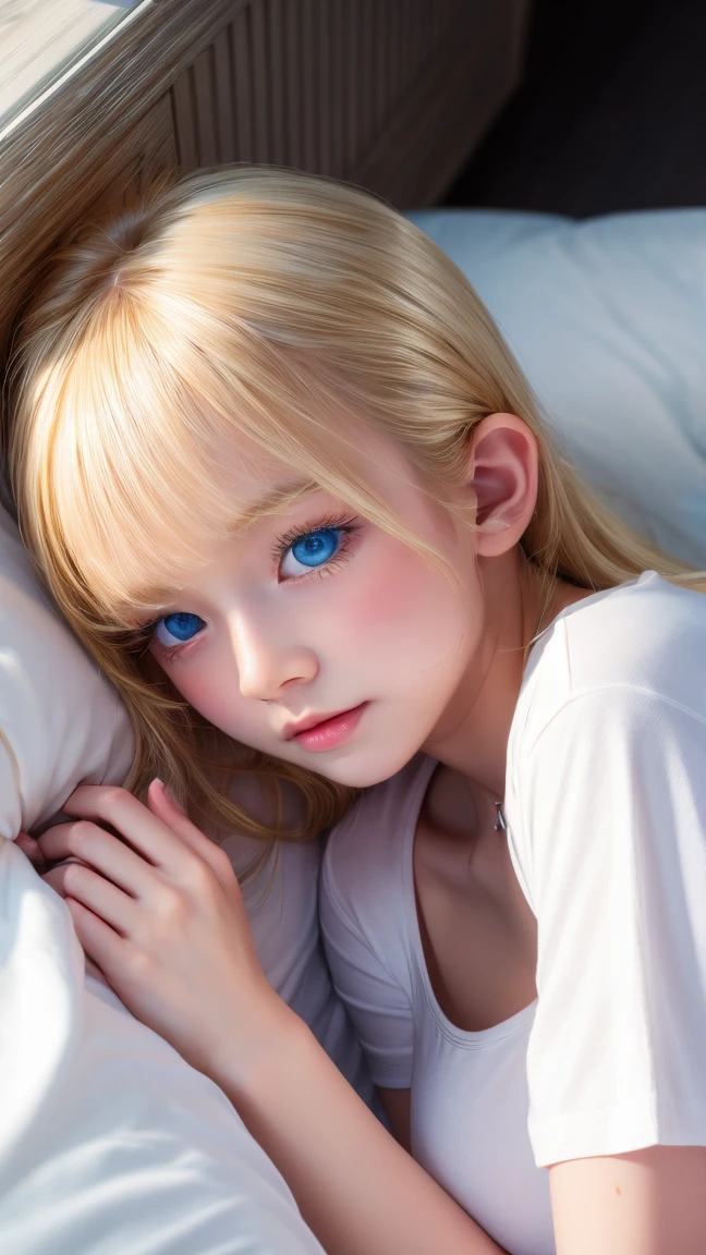 Beautiful and innocent 20 year old blonde girl、Beautiful shining platinum blonde hair、bangs fall on face、((Wearing an open white T-shirt,Dramatic Pose)),sexy look,Super long straight blonde silky hair,Bed Background,Beach Background、RAW Photos, (8k、highest quality、masterpiece:1.2)、(Intricate details:1.4)、(Realistic:1.4)、Octane Rendering、Exquisite 3D rendering for ultra-detailed detail, Studio Soft Light, Rim Light, Sharp details, Super Detail, Realistic skin texture, Cheek gloss、detailed aspects, Very beautiful bright pale blue eyes, Very big eyes、Highly detailed CG Unity 16k wallpaper, Perfect beauty、Round face、Compensate, (Detailed Background:1.2), Shiny skin, whole body、From head to thighs、Cleavage,((sleep with your head up、Top view angle))