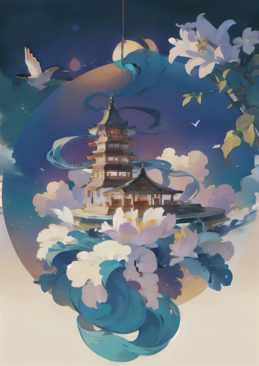 Chinese palace on flowers,Shrouded in clouds,majestic,Glazed tiles,Brilliant colors,Ink Painting