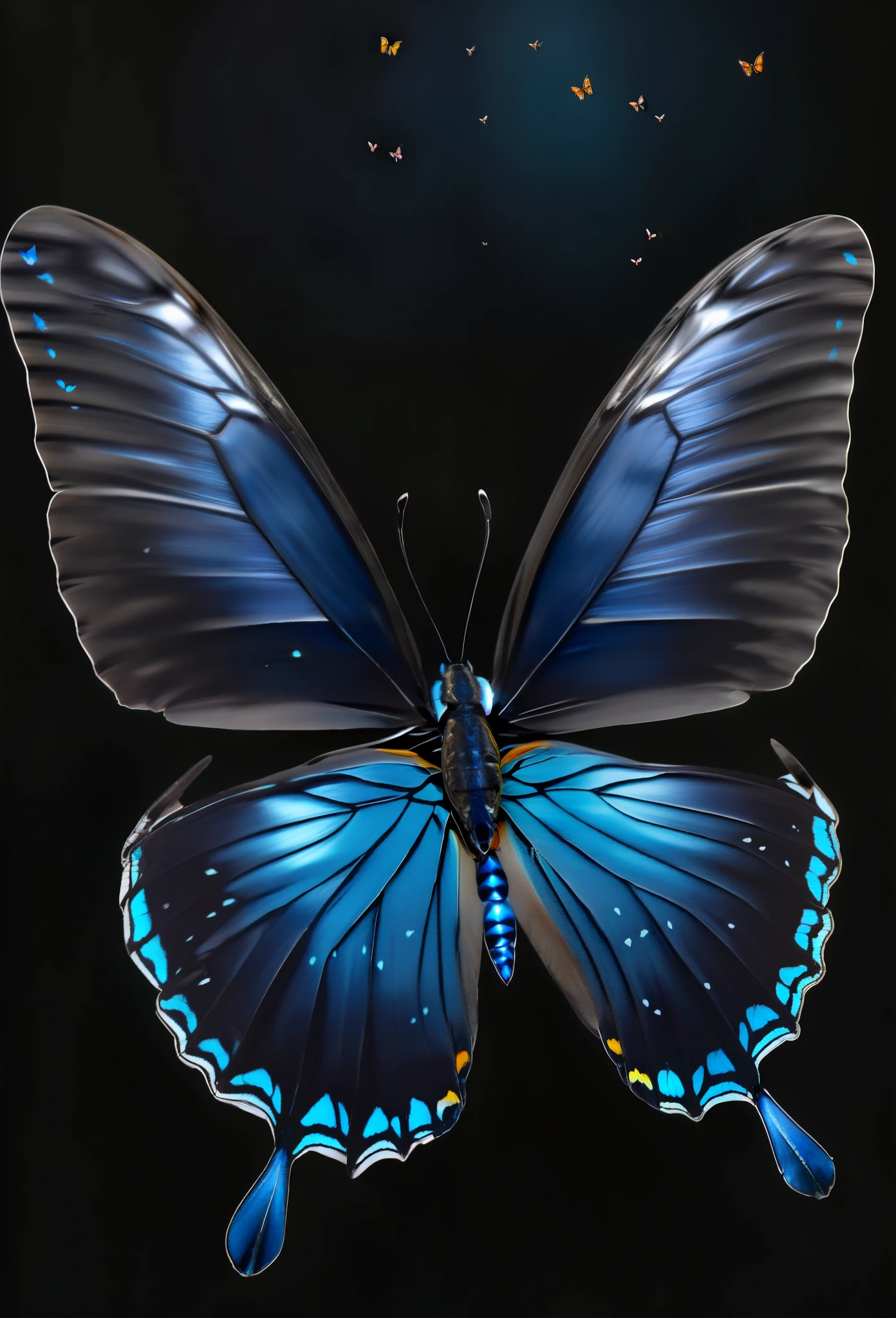 Butterfly with blue wings and black wings and a black background, glow的藍色Butterfly, Butterfly, harmony of Butterfly, Butterfly wings, Exquisite and handsome wings, 发光的Butterfly, photo of a mechanical Butterfly, Butterfly lighting, sapphire Butterfly jewellery, glow,Very detailed, Beautiful digital art work, Beautiful open wings, Beautiful black blue yellow, has beautiful wings, Realistic illustration
