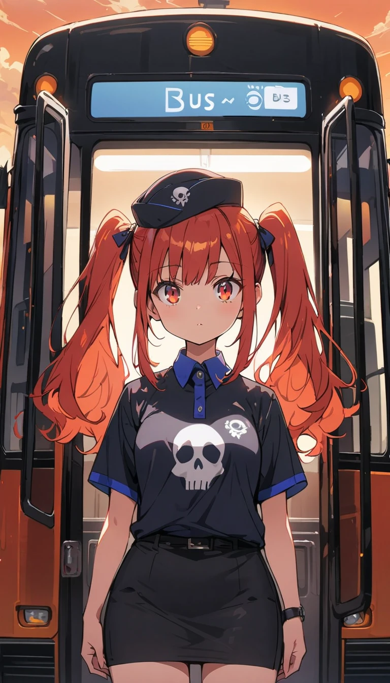 One girl, alone, Redhead, Red eyes, Twin tails, Employee uniforms, Pencil Skirt, Skull print, Navy Cap, Orange sky,, Outdoor, station, Stand in front of the bus,(highest quality、masterpiece、High resolution、detailed)animeスタイル、flat style、(Shining Eyes、detailed美しい顔), BREAK,anime