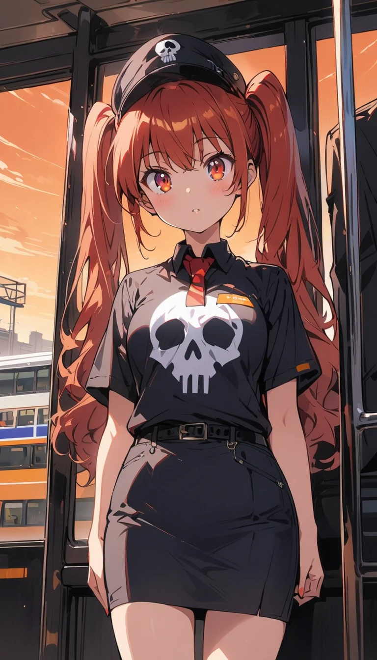 One girl, alone, Redhead, Red eyes, Twin tails, Employee uniforms, Pencil Skirt, Skull print, Navy Cap, Orange sky,, Outdoor, station, Stand in front of the bus,(highest quality、masterpiece、High resolution、detailed)animeスタイル、flat style、(Shining Eyes、detailed美しい顔), BREAK,anime