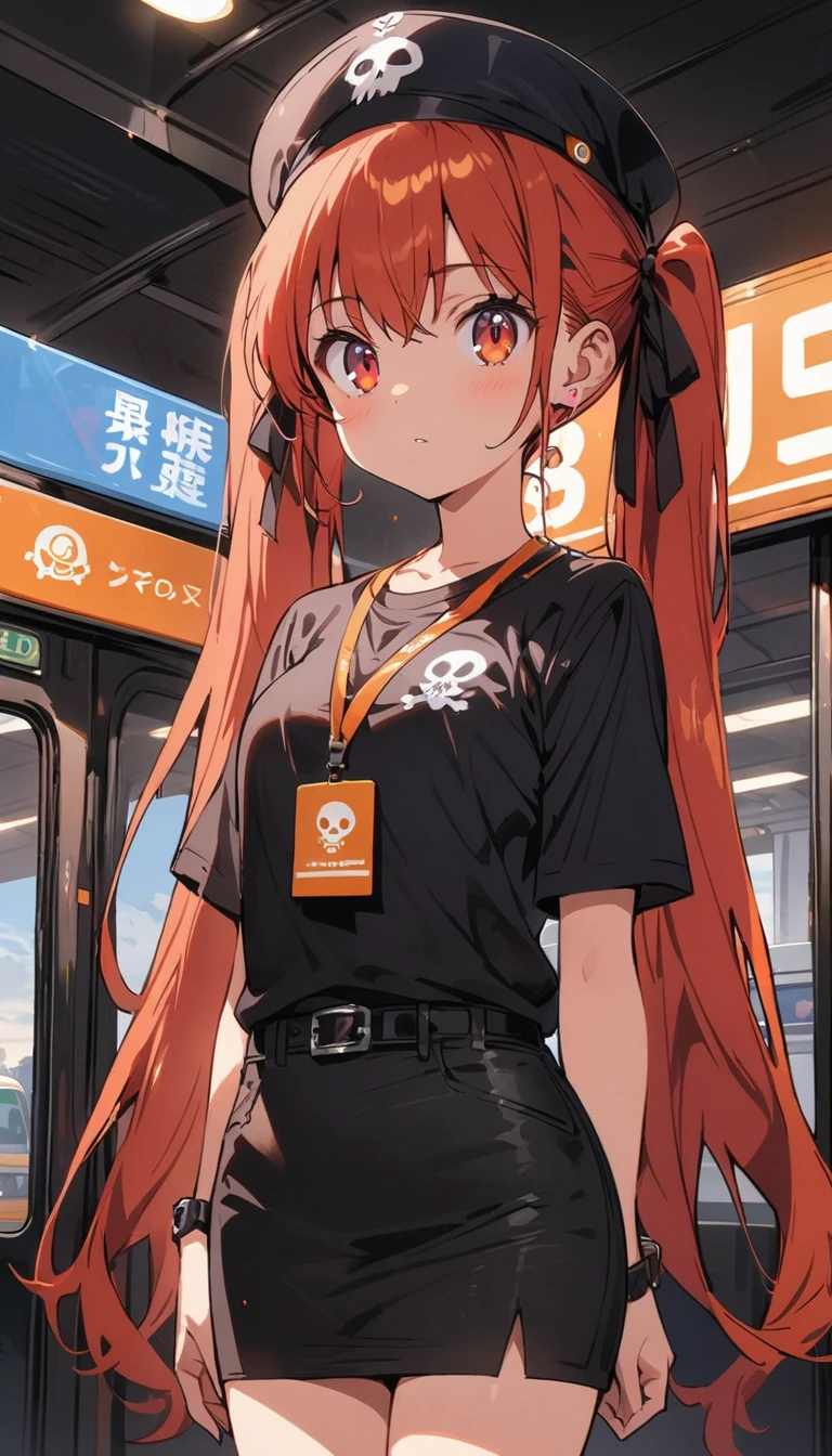 One girl, alone, Redhead, Red eyes, Twin tails, Employee uniforms, Pencil Skirt, Skull print, Navy Cap, Orange sky,, Outdoor, station, Stand in front of the bus,(highest quality、masterpiece、High resolution、detailed)animeスタイル、flat style、(Shining Eyes、detailed美しい顔),  BREAK,anime