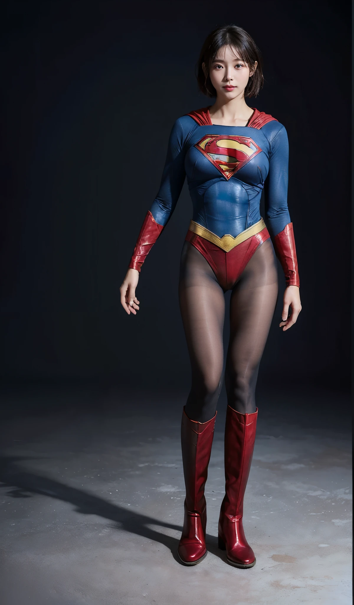 No background、(((Beautiful legs in black tights.)))、(((Legally express the beauty of your smile)))、((((Make the most of your original images)))、(((Supergirl Costume)))、(((beautiful short bob hair)))、(((suffering)))、(((Please wear black tights....、Wear red boots)))、((Best image quality、8K))、((highest quality、8K、masterpiece:1.3))、(((Preserve background )))、Sharp focus:1.2、Beautiful woman with perfect figure:1.4、Thin abdominal muscles:1.2、Wet body:1.5、Highly detailed face and skin texture、8K