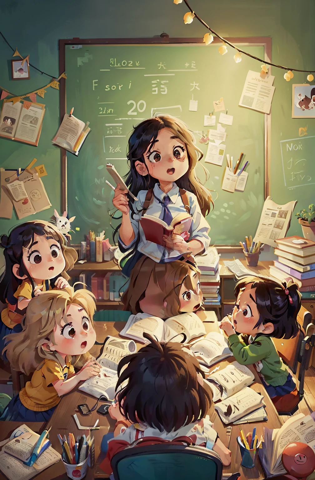 cartoon illustration of a 25 year-old long-haired asian female teacher teaching children in a classroom with their books on top of desks