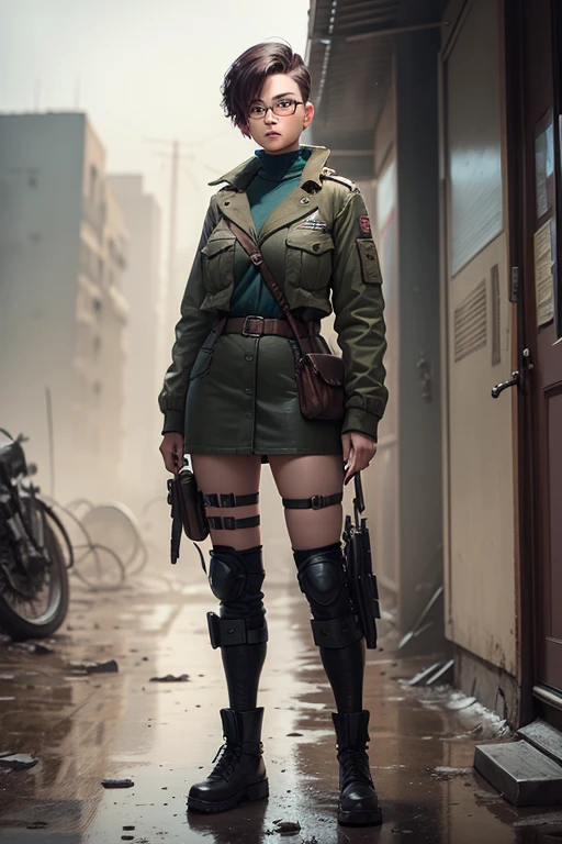 Wide angle, full body image, a pretty girl messenger, wearing large glasses, undercut hair, wearing postal uniform, in a post-apocalyptic world