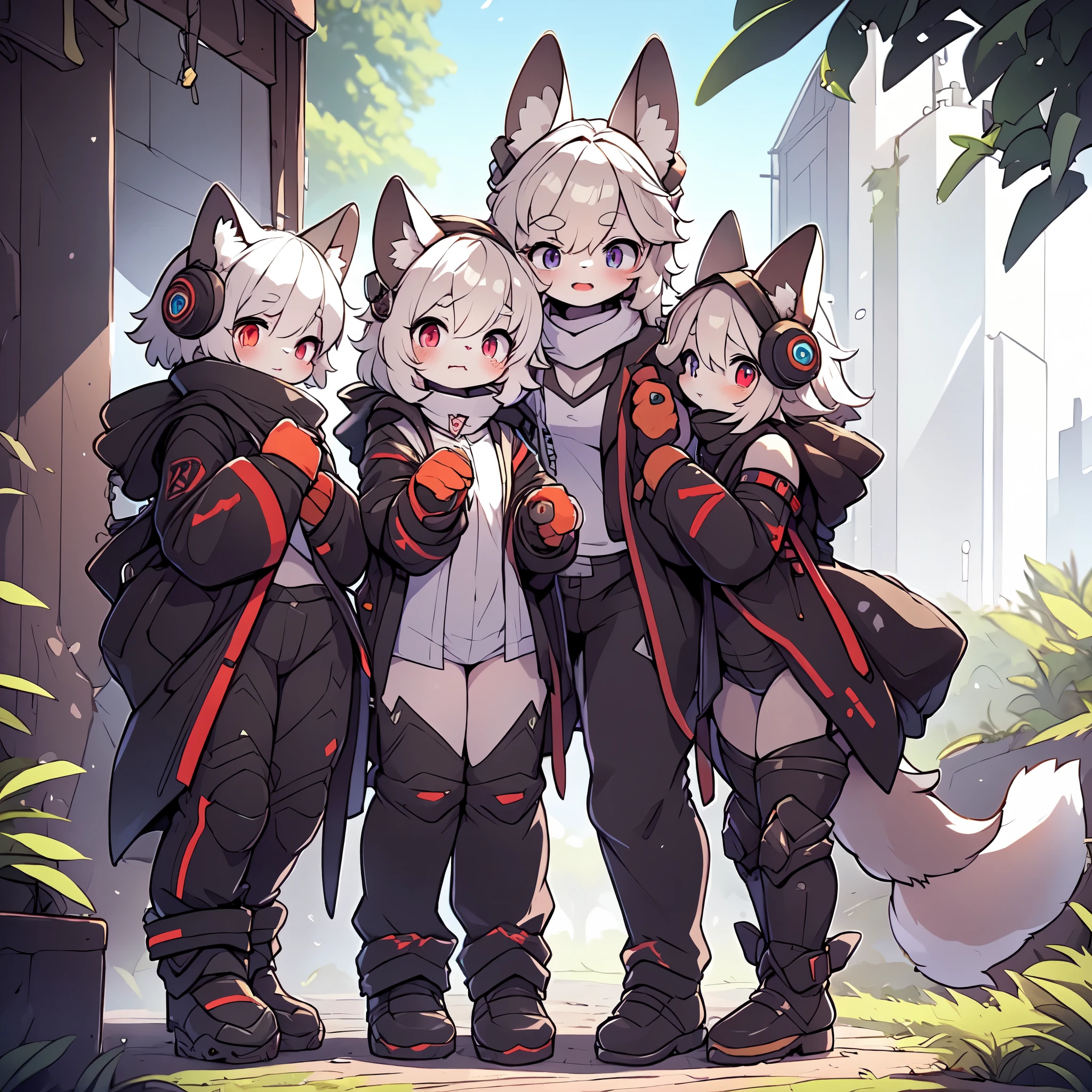 Kawaii, Striped Fluffy Fox, emaciated, long hair, 3girls, snow mountain field, artificial synthetic skin, life support prosthetics, digital headphones, black tight latex bodysuit, white long dress, thigh-high-socks, shorts, loose off-the-shoulder hood open jacket, holsters in thigh, Mechanical boots, tactical knee pads, tactical belted loose Arm Sleeves, division, cybernetic Display gloves, chest rigs, tactical belts, blue archive halo, bulletproof goggles on forehead, from Ark nights,