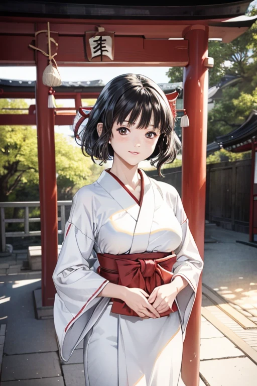 (8k、Photorealistic、Raw photo、highest quality: 1.3)、(real skin),Beautiful expression、High Detail、超A high resolution、(1lady very short perm hair:1.5,black hair,make up:1.2)、Super Beauty、(True Face)、Captivate your audience、Beautiful breasts、Lover's point of view、Beautiful smile、attractiveSurreal、hanikami,(shrine maiden,white yukata,red hakama),in japanese shrine,in I's style