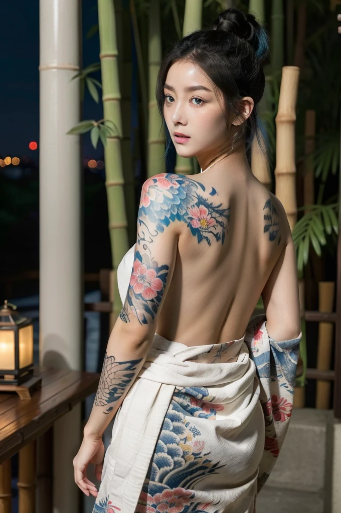 Arabian woman with dragon tattoo on her back, Yakuza tattoo on body, by Ayako Rokkaku, Kano Tanyou, by Otake Chikuha, by Kanō Naizen, chie yoshii, by Hiroyuki Tajima, by Kawai Gyokudō, inspired by Otake Chikuha