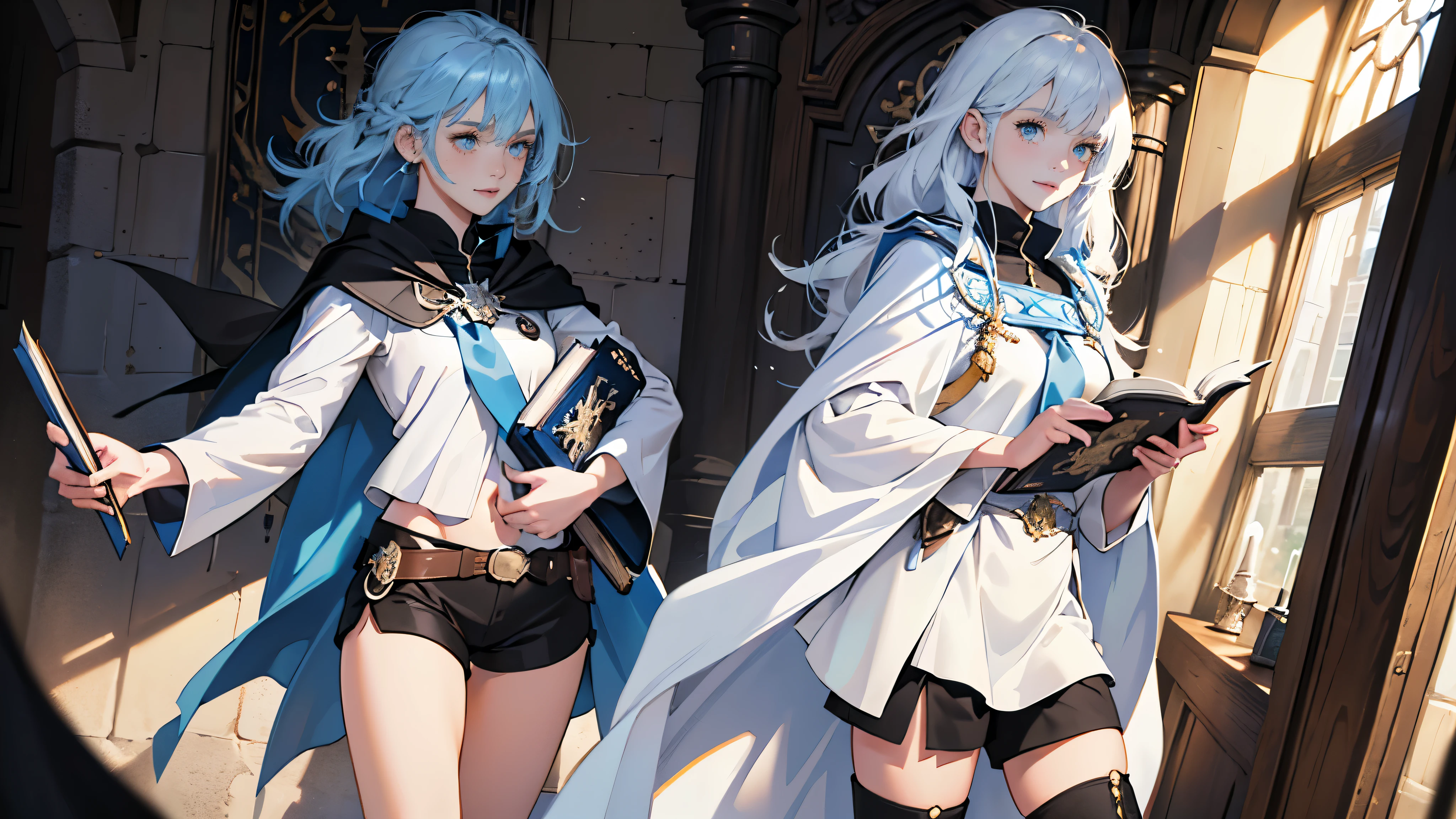 masterpiece, ultra detailed, 8K Portrait, Raw photo, (((((2 girls))))), girls photography, full body, Highly detailed face, ((Fantasy)), , (((classmates))), smile, various hairstyles and hair color, (((white long tunic with a single vertical blue line))), (((black shorts))), (((white cape with coat of arms))), (((little waist hip pouch))), leather boots, various pose, ((holding magic book)), In the classroom of the medieval magic school, Midday Sun, Hyper realistic, Ambient lighting, Shadow details , Camera focus on face, strong breeze, Light fog