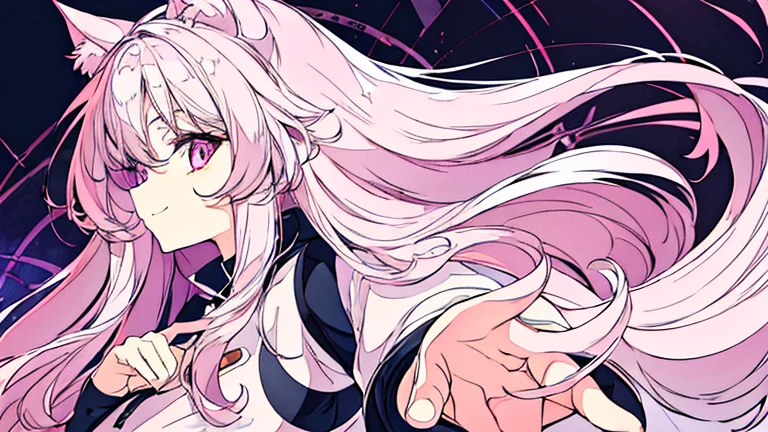 An anime girl with a pair of Cat ears, the inside of the ears a soft white fluff, her eyes wide and curious, she Excited and happy to see me, beautiful eyes, white hair, pink eyes, good art, good drawing, anime 2d, 2d, cute, 2 hands and 5 fingers on each hand, beautiful hands, good drawn hands, 4k, 8k,