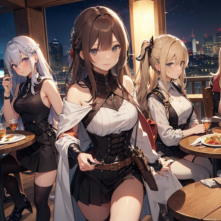 A group of female medieval fantasy adventurers, (in tavern), various hair styles, harem, night, details face, short skirt, seducing, sleeveless, armor