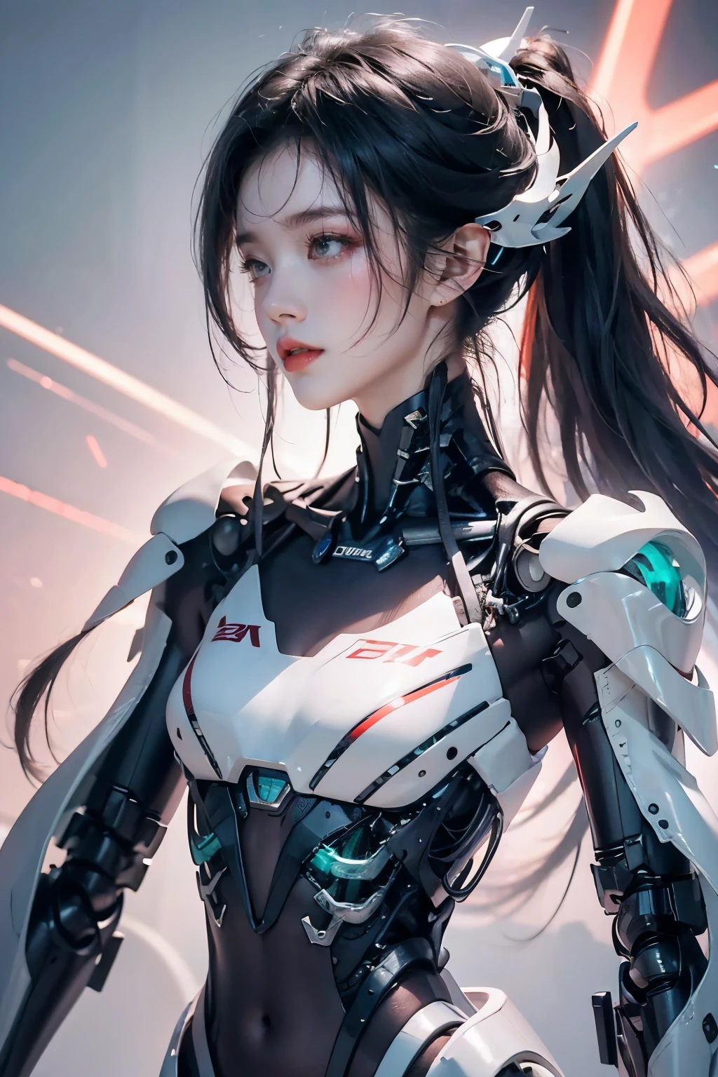 tmasterpiece,Best quality at best,A high resolution,8K,(portrait),(Close up of avatar),(RAW photogr),real photograph,digital photography,(cyberpunk queen),14-year-old girl,long ponytail hairstyle,By bangs,(pink and silver gradient hair),(Glowing emerald green eyes),Devil Eyes,Serious and charming,Mechanical body,lightning glowing electronic components,silver wires and tubes connect the body,Complex light blue electronic texture,Weird technology symbols,Black round forehead symbol,Luxurious mechanical crown,Keep your mouth shut,(Mechanical Woman),Photo pose,cyber punk perssonage,Future Style,gray world background,oc render reflection texture,Shoulder exposed,Navel exposed,Flat Chest,Small breasts,Small breasts,Small waist,Small Ass,Thin legs,Leaner figure,Slim figure,Glowing blue eyes,Confidence,Thin, sharp, and bold, upturned eyes,The background is a futuristic city,Beautiful city background at sunrise,The skin is exposed on the shoulders.,The skin on the neck is exposed,