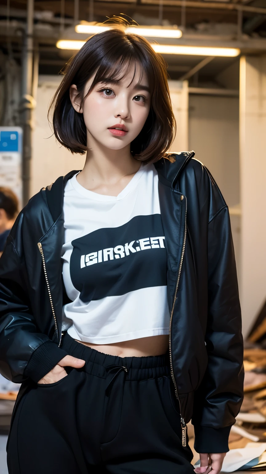 (Very fine eye), (((Fabric Shading))), (((highest quality))), (((masterpiece))) Bullish girl, (((Realistic))), Black Hair, Black Hair, Black Hair, Black Hair, chic hairstyle, ((Straight medium bob, nice hair)), Light makeup,Red eyes, I'm not wearing lipstick,(((Retro-futuristic outfits))), ((Retro pose)), (((Game CG)) (nice, Saucy, It Girl), Strong night atmosphere, Has a strong retro feel, Cowboy Shot, Mid Shot, Centered Images, Focus on the camera, Elegant colors,Realistic Skin,Realistic texture,8k,whole body,,Korean women,彼女のBlack Hair, Medium Bob Cut,(((In terrible ruins))),Red iris,Expressionless,(((He is wearing a big black down jacket. ))),Glaring,Perfect Face,(((Big eyes))),She is wearing wide black hip-hop style pants.,Mouth closed,Watching the audience,Roseanne Park from Blackpink, Trending on cgstation, Trending on cgstation, Black Pink's Joshi, portrait of aespaのウィンター,She is wearing black streetwear, Woman in black streetwear, Photo of a woman in black tech clothing, Girl wearing black hoodie, Cyberpunk Streetwear, Portrait of Jossi in Blackpink, Cyberpunk Streetwear street fashion e-girl,Have a credit card