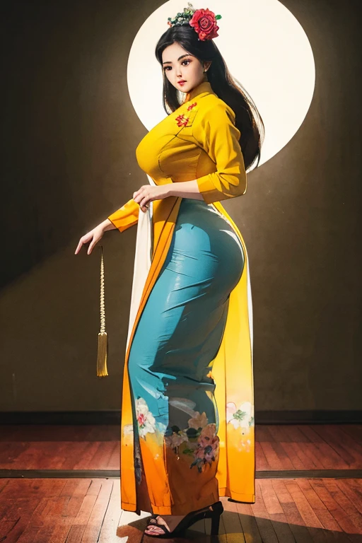 a beautiful girl in vintage colors aodai, masterpiece ,(Dye painting) ( all color dress ) wrapped in a large flower print( flower silk ..... with ) best quality, realistic:1.3, street, cyberpunk, holding bundle of adubon sunlight, backlighting, (well pper Adhere to clear natural light hdr))full budy, big ass (Remove extra limbs, remove accurately) intricate scene, artstation, intricate details, vignettefulbudy(cartoon)