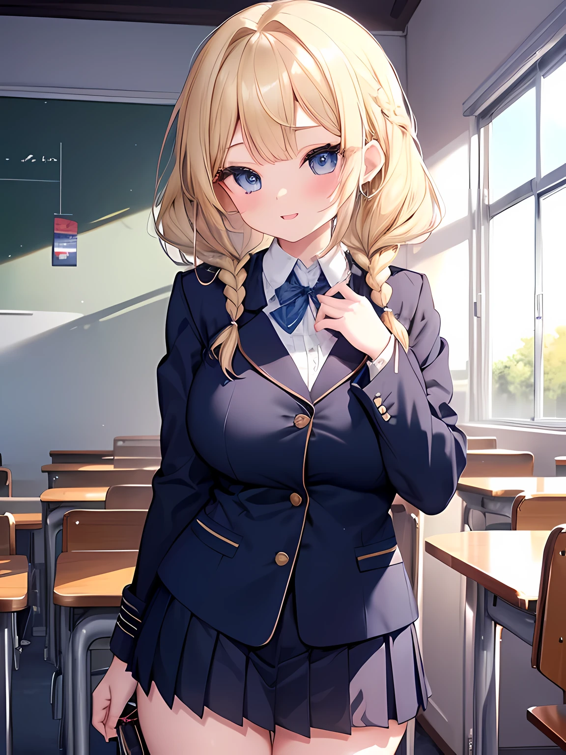 Masterpiece,Best Quality,(Super Detail),perfect writing, Highly detailed CG,Super detailed,(Highly detailed eyes,Very cute face,Highly detailed face:1.3),Beautiful Anime Girl,(Solo Girl),(Super huge boobs:1.2),(Sensual,Glamorous:1.4),(Blonde,Medium Hair,Twin braids,Let your hair hang forward:1.2),(Big light blue eyes),(Very happy smile,Open your mouth wide),break,(Navy Blue Blazer,Open outerwear:1.3),Collared shirt,White shirt,Pleated skirt,School classroom,Cowboy Shot,Place your hands on your chest,