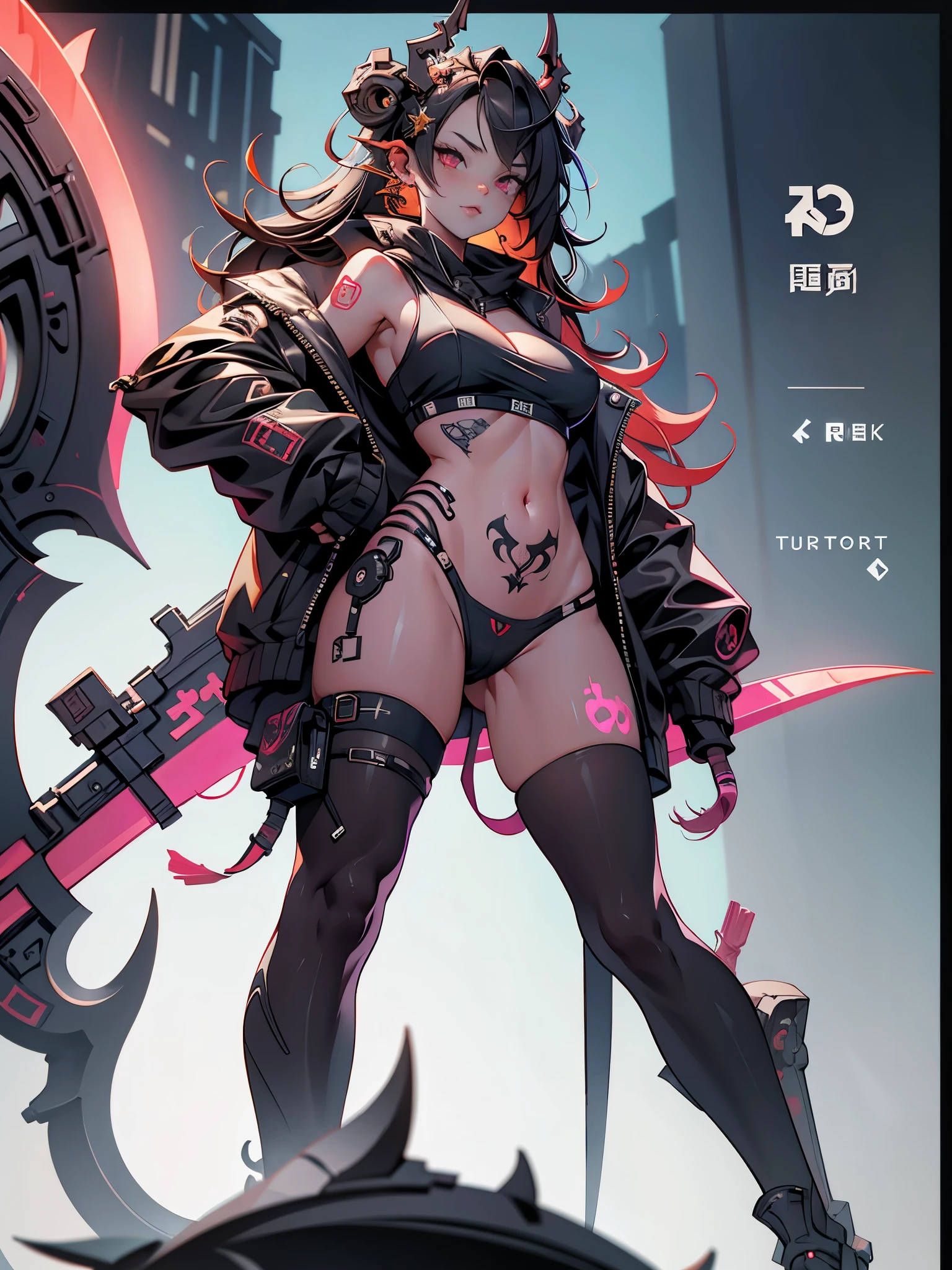 1girl,(cyberpunk), ((full body)),(( a huge big scythe, the size of half of the screen:1.3 )),solo, blonde braid hair, glowing red eyes,laugh fearlessly, leg tattoo, neck tattoo, large chest, black bra, thong, red pupils, skin fang, red eyes, black jacket,dynamic pose,cyberpunk city,