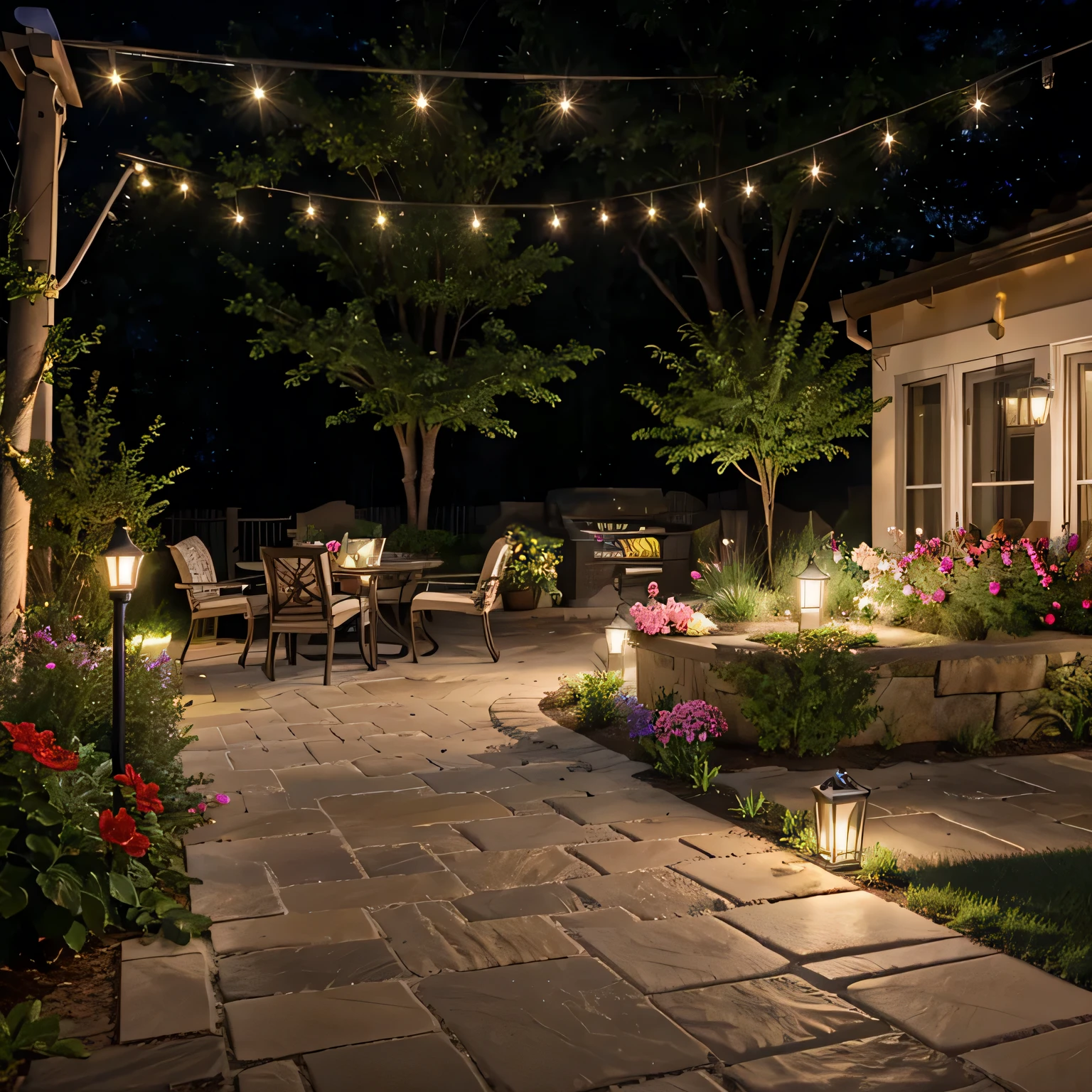 Transform Your Patio into a Floral Paradise with These Creative Flower Bed Designs  outdoor lighting illuminating the patio