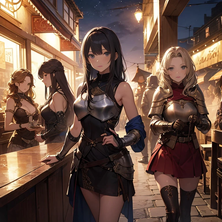 A group of female medieval fantasy adventurers, (in tavern), various hair styles, harem, night, details face, short skirt, seducing, sleeveless, armor