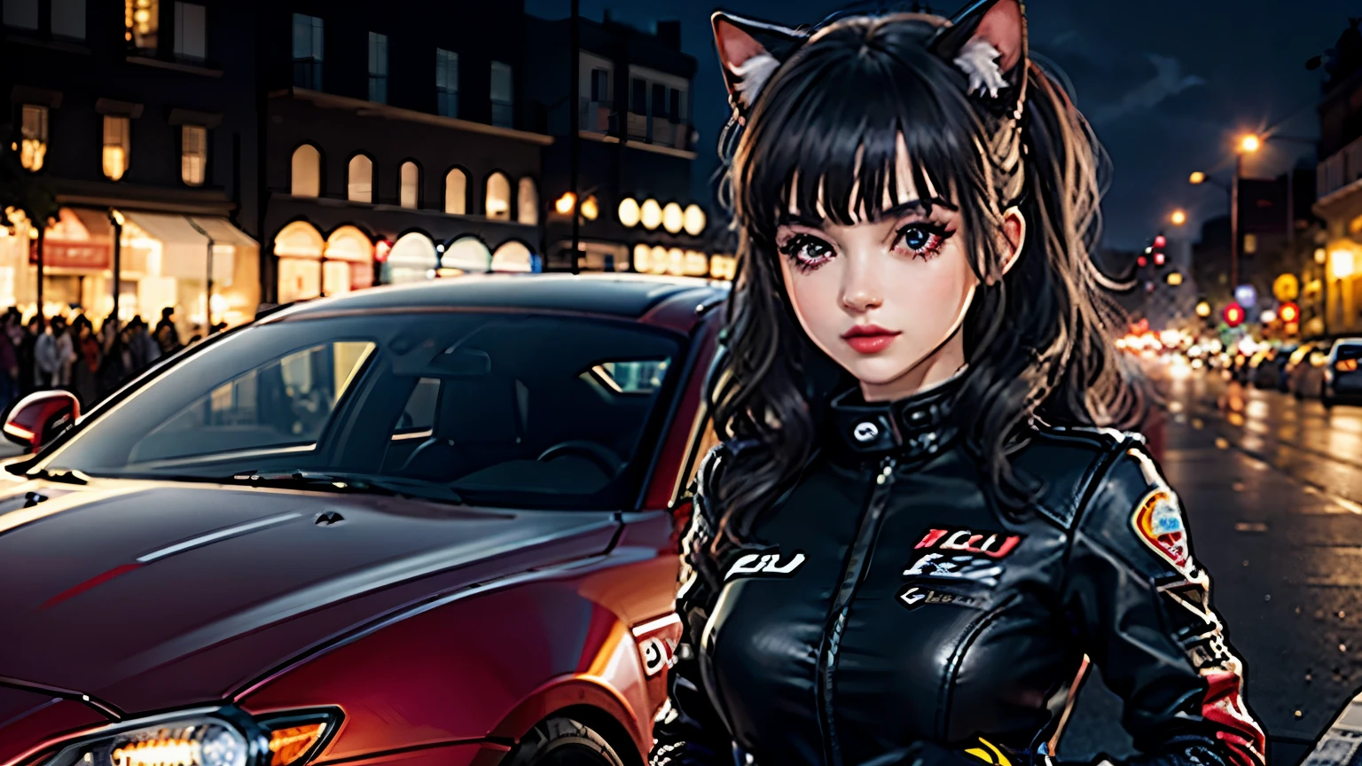 A girl leans on a car. , piloto de carrera, piloto de carreras, Flame retardant racing suit, Hippodrome at night, neon lights , focos, cara sonrojada , Cabello oscuro y orejas de gato, Sombra,,labios rojos, cabello brillante (mejor calidad:1.1), (Obra maestra:1.4), 1 chica, (pelo volumineux)+ , ((pelo)++, pelo longs , (ojos rojos) , peau brillante, brillant, Coche detallado, high resolution, buenas proporciones