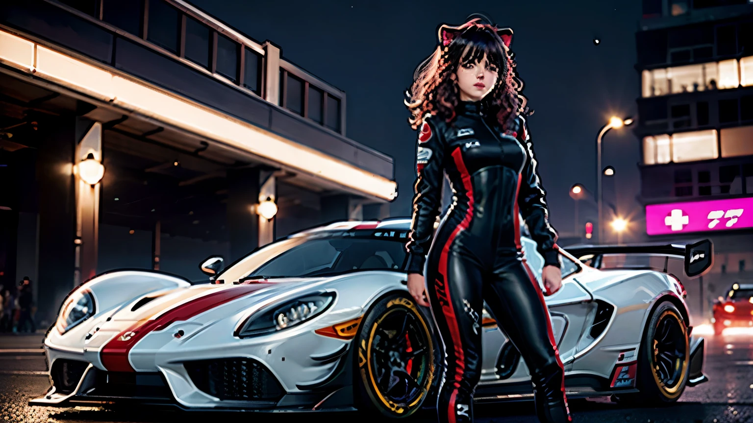 A girl leans on a car. , piloto de carrera, piloto de carreras, Flame retardant racing suit, Hippodrome at night, neon lights , focos, cara sonrojada , Cabello oscuro y orejas de gato, Sombra,,labios rojos, cabello brillante (mejor calidad:1.1), (Obra maestra:1.4), 1 chica, (pelo volumineux)+ , ((pelo)++, pelo longs , (ojos rojos) , peau brillante, brillant, Coche detallado, high resolution, buenas proporciones