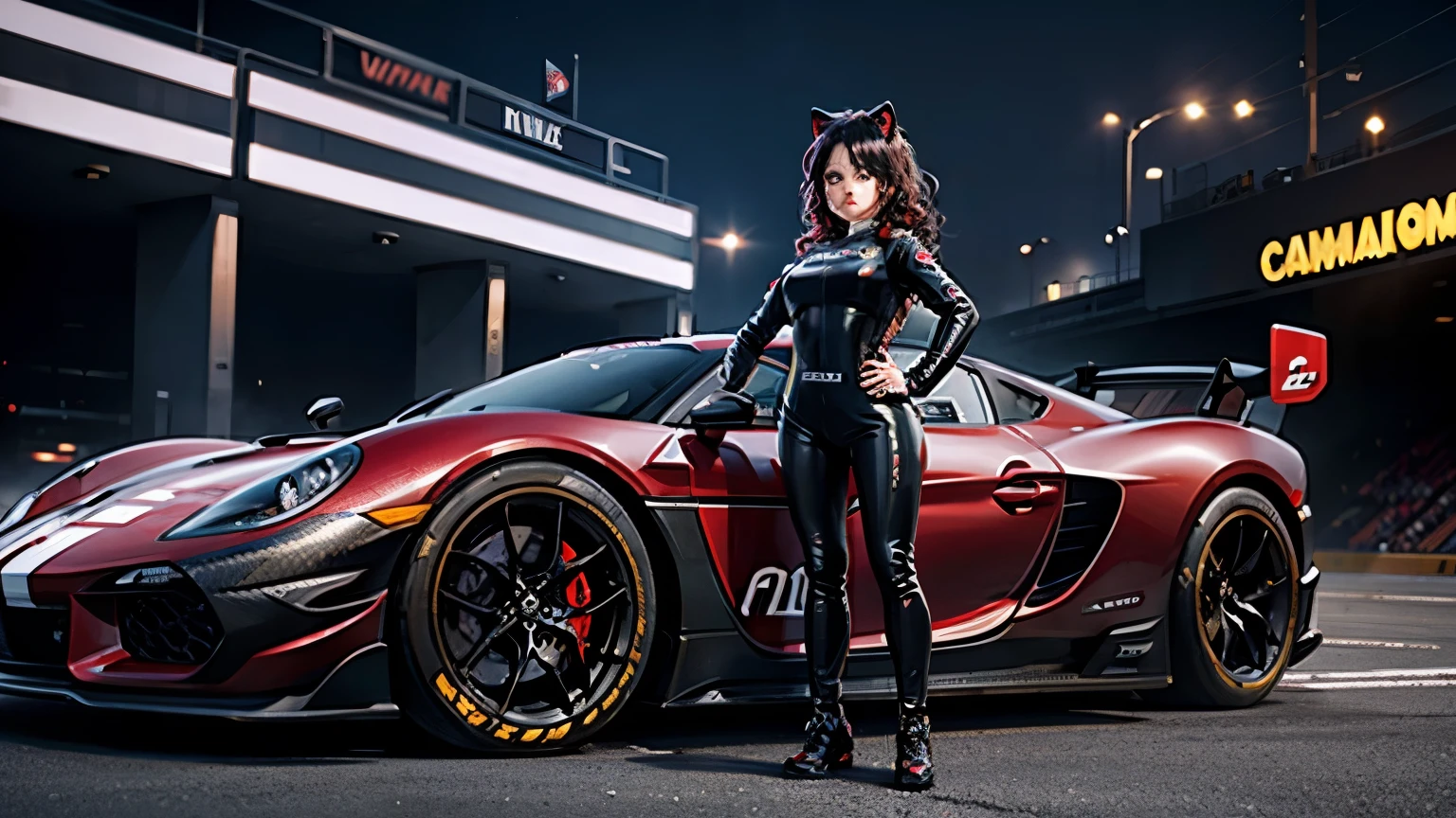 A girl leans on a car. , piloto de carrera, piloto de carreras, Flame retardant racing suit, Hippodrome at night, neon lights , focos, cara sonrojada , Cabello oscuro y orejas de gato, Sombra,,labios rojos, cabello brillante (mejor calidad:1.1), (Obra maestra:1.4), 1 chica, (pelo volumineux)+ , ((pelo)++, pelo longs , (ojos rojos) , peau brillante, brillant, Coche detallado, high resolution, buenas proporciones