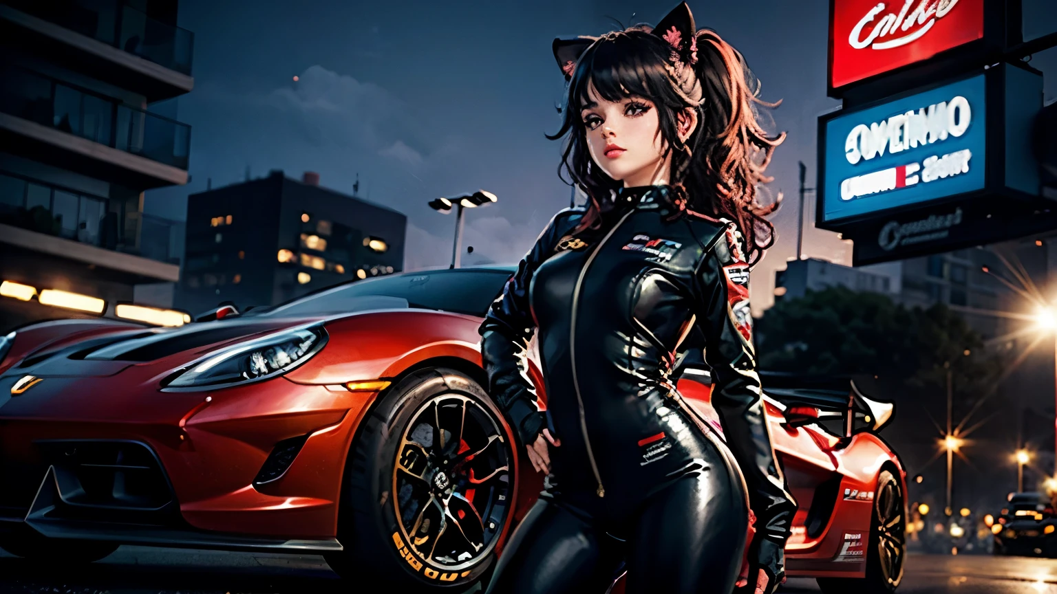 A girl leans on a car. , piloto de carrera, piloto de carreras, Flame retardant racing suit, Hippodrome at night, neon lights , focos, cara sonrojada , Cabello oscuro y orejas de gato, Sombra,,labios rojos, cabello brillante (mejor calidad:1.1), (Obra maestra:1.4), 1 chica, (pelo volumineux)+ , ((pelo)++, pelo longs , (ojos rojos) , peau brillante, brillant, Coche detallado, high resolution, buenas proporciones