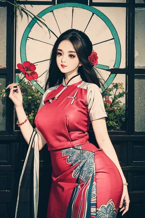 a beautiful girl in vintage colors aodai, masterpiece ,(Dye painting)  ( all color   dress ) wrapped in a large flower print( flower silk ..... with  ) best quality, realistic:1.3, street, cyberpunk, holding bundle of adubon sunlight, backlighting, (well pper Adhere to clear natural light hdr))full budy, big ass (Remove extra limbs, remove accurately) intricate scene, artstation, intricate details, vignettefulbudy(cartoon)