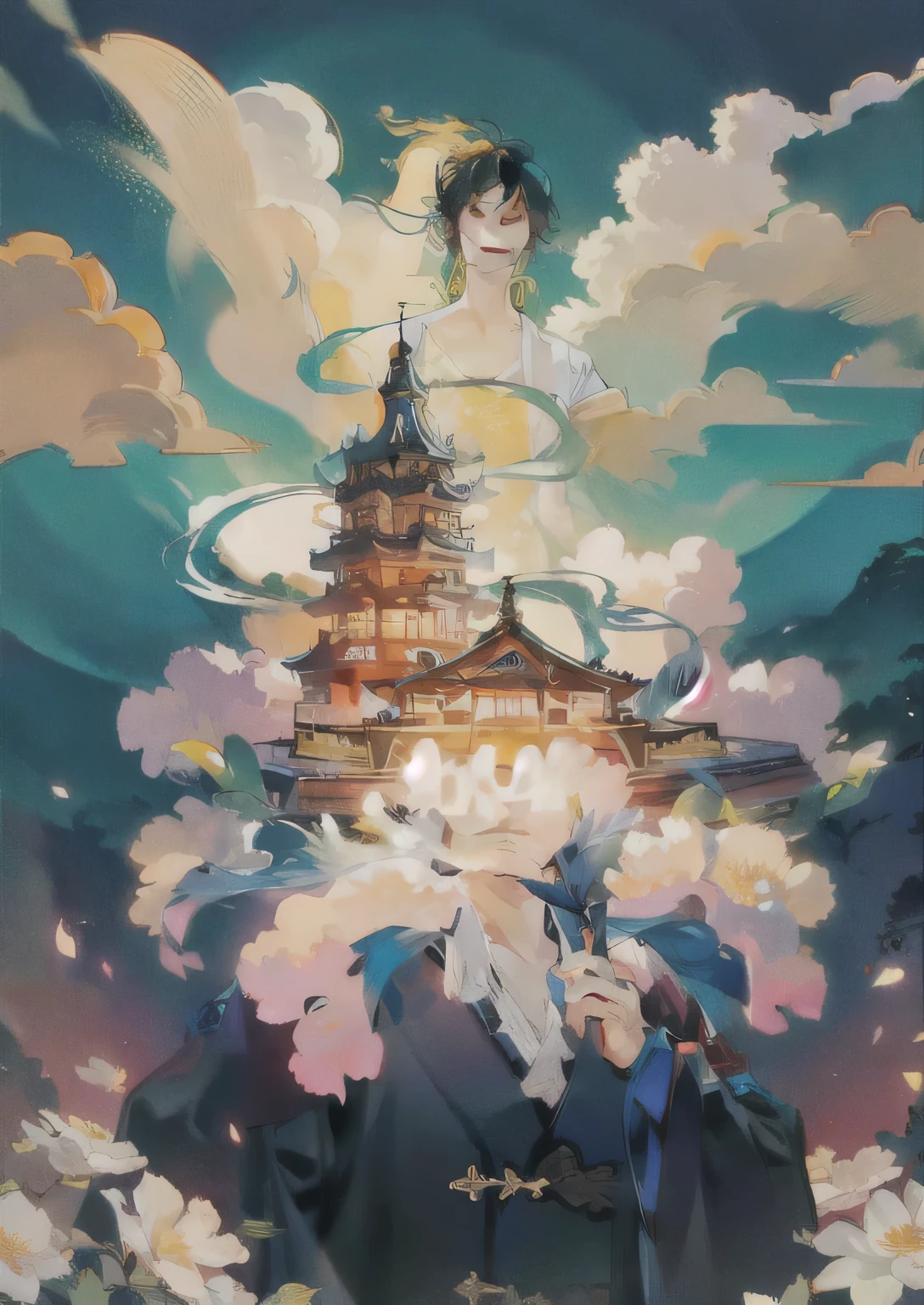 Chinese palace on flowers，Shrouded in clouds，majestic，Glazed tiles，Brilliant colors，Ink Painting