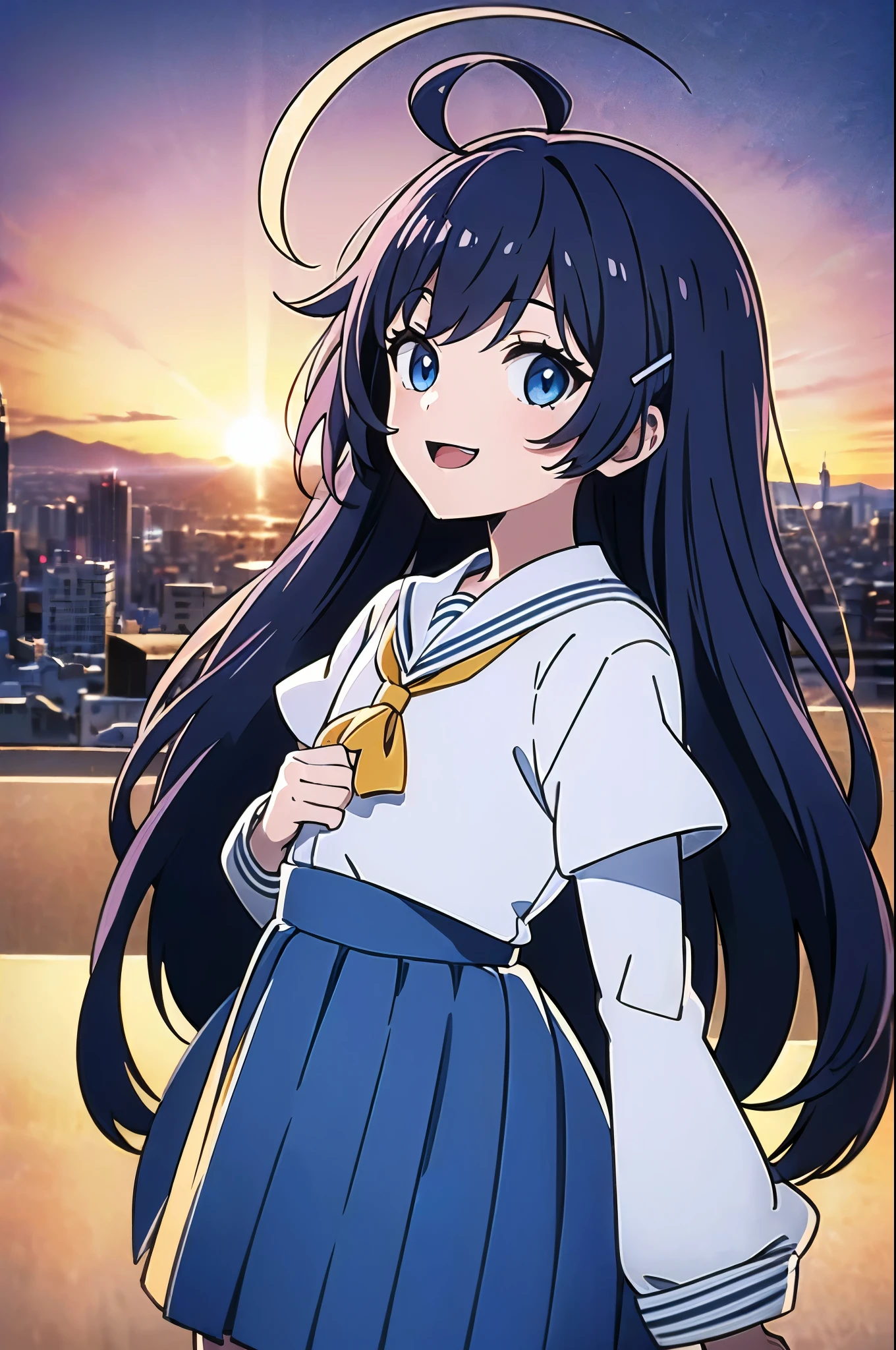 (((masterpiece))) (((highest quality))), (((beautiful))), (((8k))), (((High resolution))), (((Transcendent Technique Illustration))), (1 girl:1.3), (child:1.5), (Lori:1.2), (Dark blue straight long hair:1.3), (very long, Dark blue sideburns), (Very wide parted dark blue bangs:1.3), (Simple hair clip:1.4), (Ahoge:1.4), (small blue eyes:1.2), (Slightly droopy eyes:1.3), (Super thick sideburns and super long sideburns:1.1), (Ultra-flat chest:1.4), (Very small breasts:1.4), (laughing:1.3), (White sailor suit with long sleeves:1.3), (White pleated skirt:1.3), White hat with blue ribbon, (Overlooking from the top of the hill:1.4), (Sunset:1.4), (distant cityscape:1.4), (Cowboy Shot:1.4), (low angle shot:1.4)