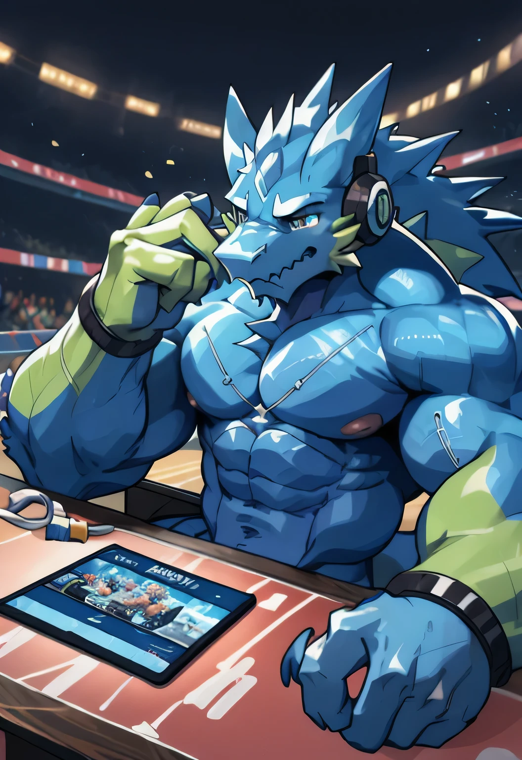 dragon,Anthropomorphic male dragon, Highlight the dragon angle,Highlight his muscular body and sharp claws, Showing the outline of the chest, abdomen, Stretch and Elegance, Delicate lace pattern glitters in the light. Keep your eyes on the screen，Play games with headphones，sit at the table，The background is the scene of the e-sports competition。dragon&#39;Tail, Long-lasting and powerful, 他sit at the table，Playing games with headphones on，Keep your eyes on the screen，Emphasizes his charming masculinity. dragon&#39;Keep your eyes on the screen，Play games with headphones，sit at the table，The background is the scene of the e-sports competition。