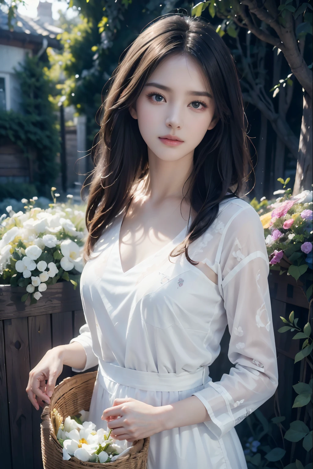 (best quality,4k,8k,highres,masterpiece:1.2),ultra-detailed,(realistic,photorealistic,photo-realistic:1.37),1 girl , half body shot, beautiful detailed eyes,beautiful detailed lips,extremely detailed eyes and face,longeyelashes,portraits,artistic painting,sharp focus,vivid colors,studio lighting,HDR,(colorful, vibrant, vivid) scenery, a girl with a basket of flowers,mixed media artwork,soft pastel color palette,gentle sunlight casting shadows,delicate flowers in foreground,blurred background with trees and bushes,dreamlike atmosphere,magic realism.