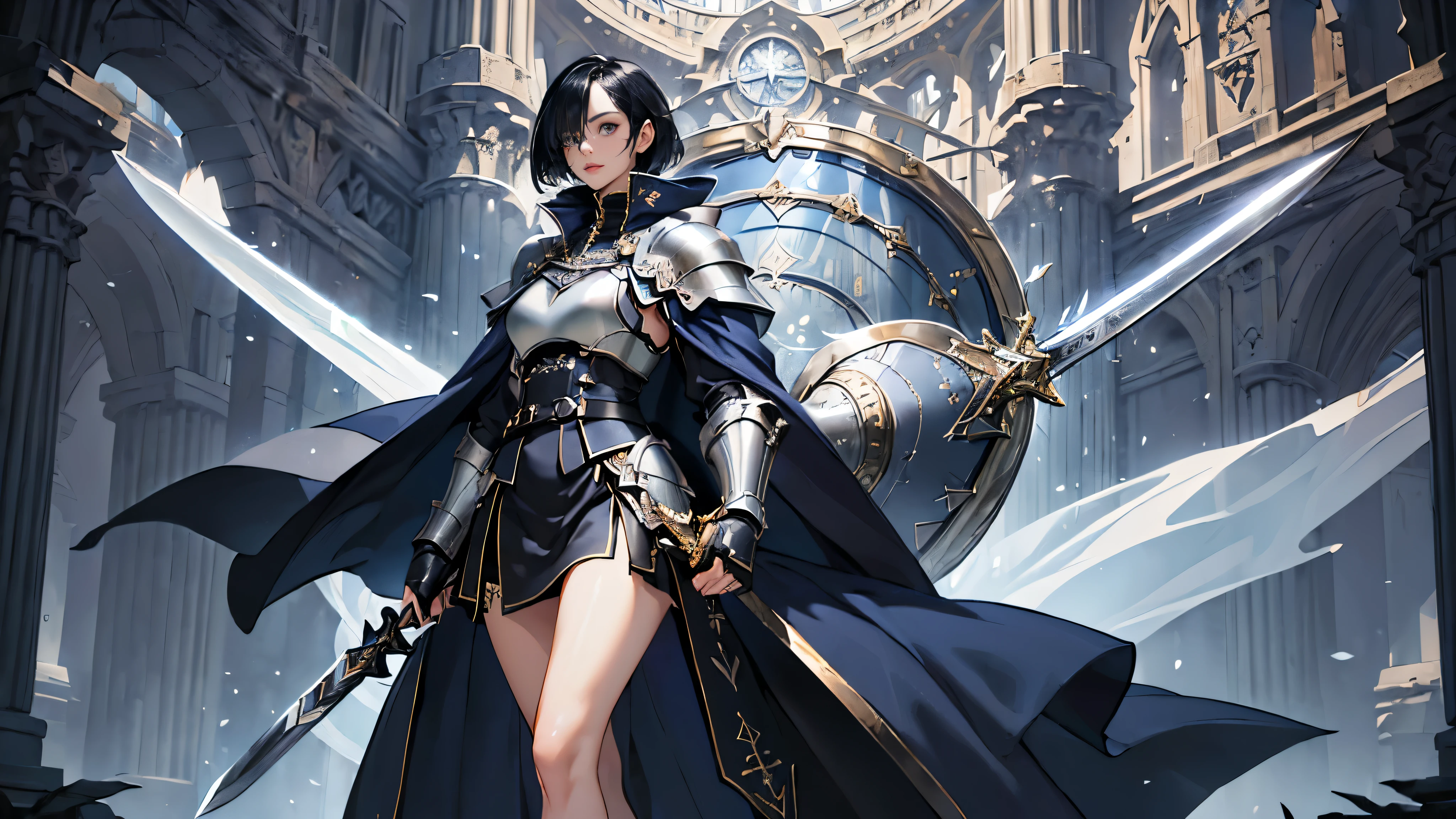 (((((middle age woman))))), masterpiece, ultra detailed, 8k portrait, RAW photo, portrait photography, highly detailed face, ((Fantasy)), 1 woman, (((female knight))), (((dynamic pose))), 33 years old, (((((tall))))), (((small eyes))), glasses, (((straight black bob hair))), ((hair over one eye)), (((white skin color))), (((white heavy armor and see-through medium skirt))), (((navy blue long cloak))) fluttering in the wind, (((high cut iron shoes))), (((equip a long sword and very large shield))), Midday Sun, hyper realistic, Body model, Small breasts, Beautiful breasts, (big butt), (thick thighs), Long legs, in the medieval adventurer's guild, Ambient lighting, Shadow details , Camera focus on face, strong breeze, Light fog,