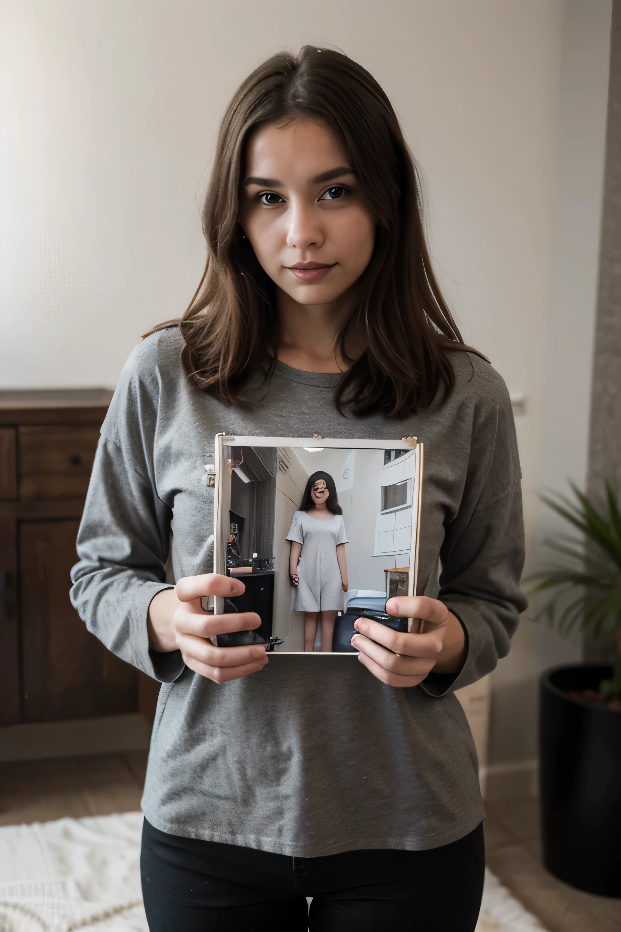 picture of a woman in a picture book wearing black and gray clothing.