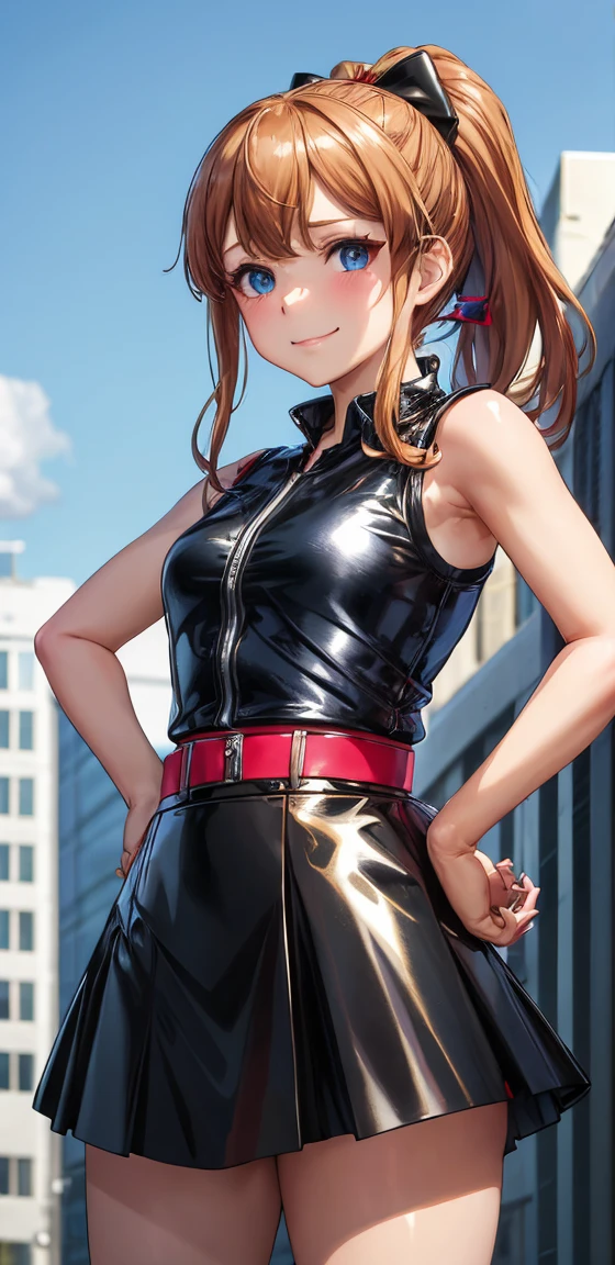 best quality, (masterpiece:1.2), highly detailed, standing, street,
1girl, solo, akatsuki minami,
looking at the viewer, closed mouth, smile, slight blush,
blue eyes, brown hair, ponytail, hair bow, sleeveless, ((dominant girl, latex skirt,  latex shirt)),(upper_body)