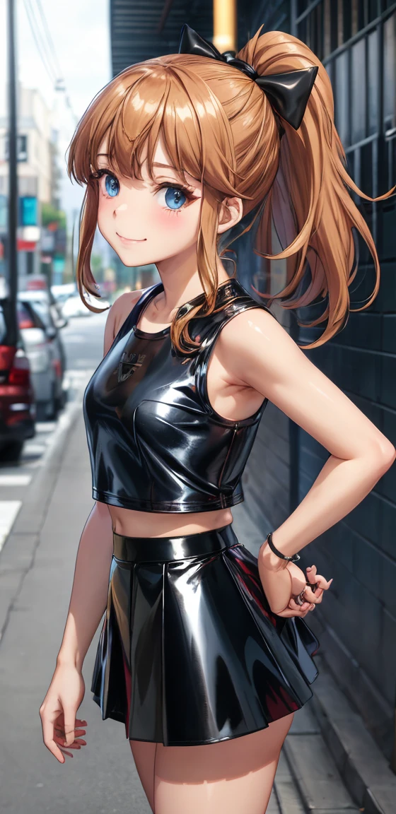 best quality, (masterpiece:1.2), highly detailed, standing, street,
1girl, solo, akatsuki minami,
looking at the viewer, closed mouth, smile, slight blush,
blue eyes, brown hair, ponytail, hair bow, sleeveless, ((dominant girl, latex skirt,  latex shirt)),(upper_body)