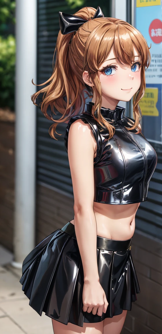 best quality, (masterpiece:1.2), highly detailed, standing, street,
1girl, solo, akatsuki minami,
looking at the viewer, closed mouth, smile, slight blush,
blue eyes, brown hair, ponytail, hair bow, sleeveless, ((dominant girl, latex skirt,  latex shirt)),(upper_body)